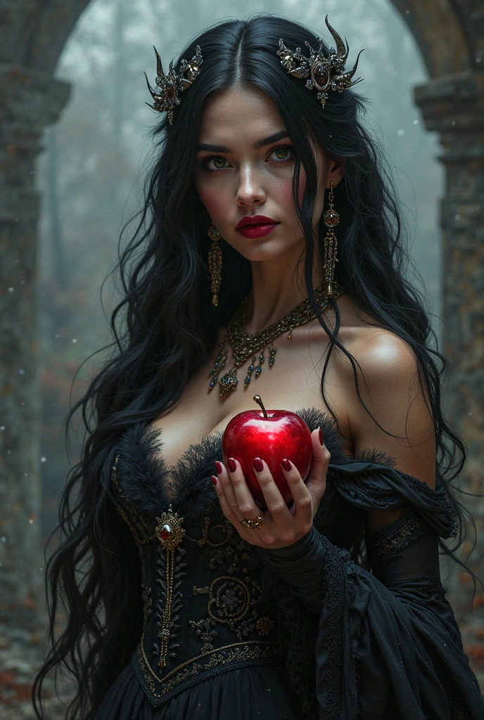 girl,black long hair,Black queen,Accessories,An apple in your hand,poisonous apples,Queen Witch,Red lipstick