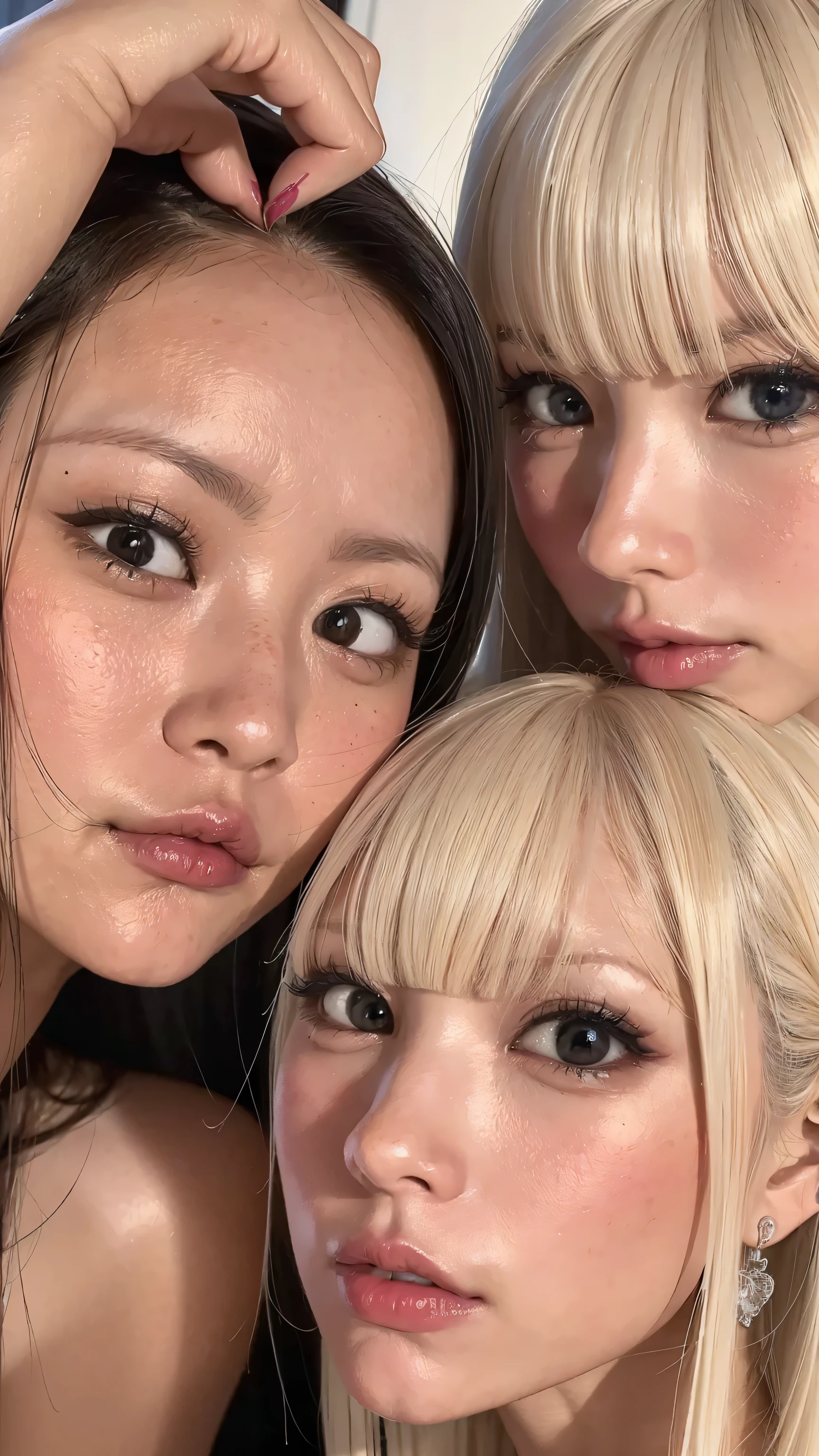 8k,high image quality、 has a clear face、 has a clear face 、I want to make each part beautiful、cold gaze close-up ultra clear 、 eyes match 、staring at me、 I'm looking at close-ups。My Face 、 すべての eyes match、 、I want to get close to beautiful women nearby 、 ,Look at me with an angry expression, beautiful platinum colored hair 、 It's an expression showing anger。 、 4 beautiful women looking at me、 I'm watching in close-up、I want to make eye contact with everyone, my lips are sticking out