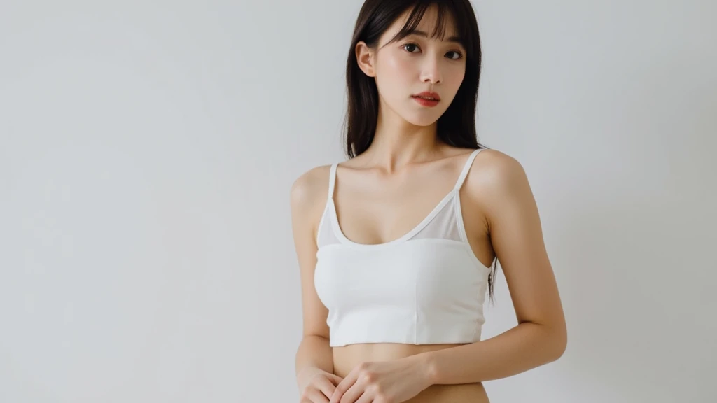 Feide girl wearing white top and transparent thong,posture, Photos of slim girls model, Fits the delicate figure, thin waist, thin waist粗臀, attractive body, beautiful belly, Cropped tops, Perfect body, Transparent thong pants, powerful thighs, exposed abdomen, Photos of slim girls