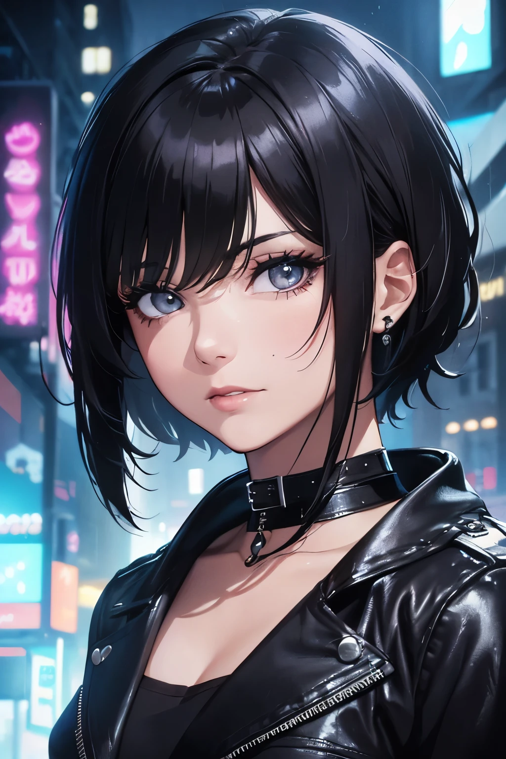 a pretty woman with a pretty face, 30 years,with very short black hair without front bangs, black eyes , combining black leather jacket with black blouse and choker with buckle, in a nighttime setting , dimly lit neon cyberpunk, ,looking at the viewer (( masterpiece)) (( extremely detailed )) (( beautiful face ))