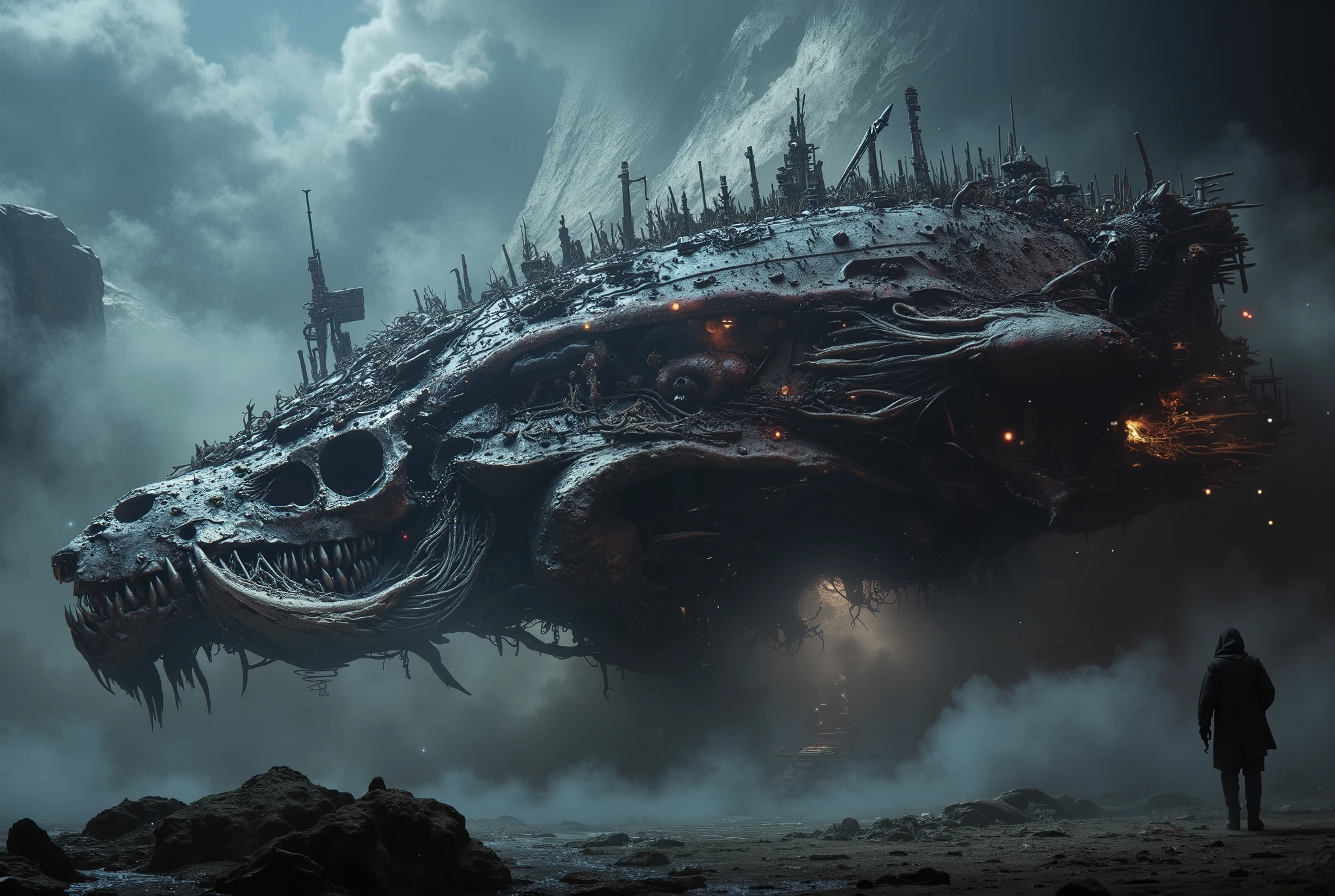 a colossal techno-organic spaceship of Cosmic Horror, features the preserved and augmented skeletal structure of an ancient, multi-dimensional being. The primary body is a massive, ((elongated skull)), 500 meters in length, with hangar bays and a main bridge. docking ports and defensive turrets. Extending from this central structure are hundreds of massive ribs, creating an asymmetrical, cage-like superstructure spanning nearly 2220 meters in circumference. Between the ribs, a web of semi-transparent, iridescent membrane serves as hull and solar sail, pulsating with inner bioluminescence. Protruding from various points along the skeletal frame are writhing, tentacle-like appendages for navigation, defense, and tethering. The keel is formed by a long spinal column with chambers for inhabitants, pulsating dark matter sacs, and biomechanical engines resembling giant hearts. The propulsion system includes dark energy sails, biomechanical engines, and interdimensional travel capabilities. The exterior is a fusion of organic and mechanical elements, with chitinous armor, sinew, flesh, cables, and crystalline growths. The ship's surface shifts and undulates, occasionally forming mouths or eyes. Inside, the corridors and chambers blend biological and technological elements, with pulsing walls, shifting gravity, and whispering mists.