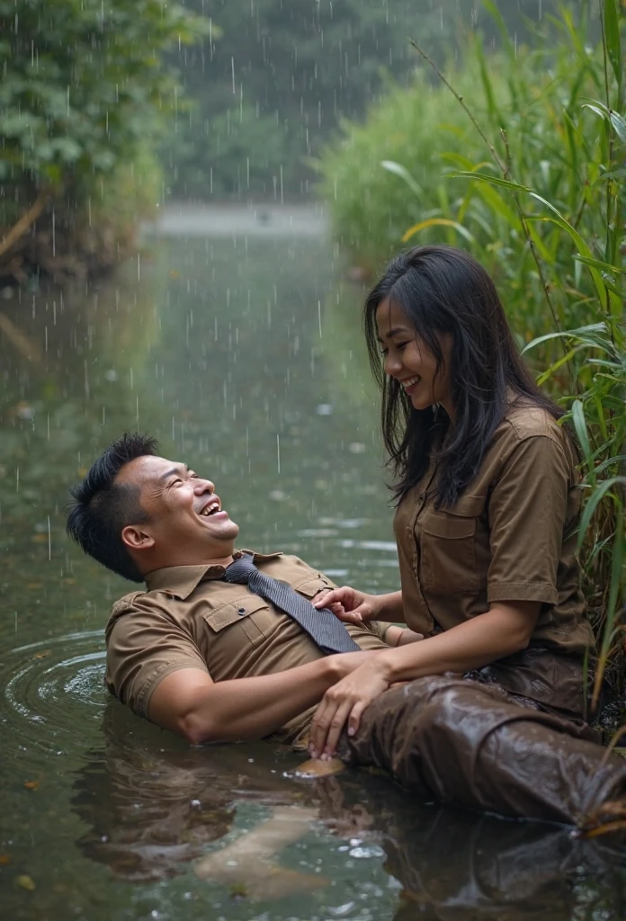 romantic couple. an Indonesian man lying on river, it is raining On the right and left sides of the river, there are lush grass, laughing cheerfully, there was a woman sitting smilling is seento try to bite the zipper of the man's pants with her teeth. in indonesian high school uniforms with white tops and gray bottoms, blank gray tie. 4k. ray tracing. high resolution realistic