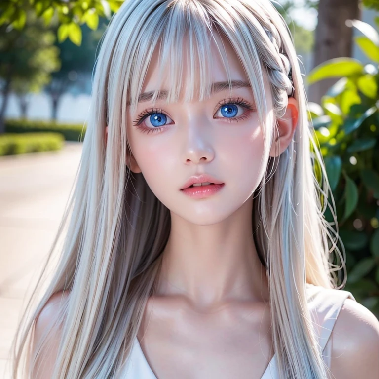 The Shining, clear, White skin、Her windblown silver hair hides her beautiful face..、Huge、Sexy beautiful face of 16 year old、Beautiful straight hair that stands out、growing up, light blue eyes shimmering、Sexy long silky bangs that cover the eyes, Sexy young woman with super long hair hiding her sexy face、The Shining silver hair、(((Sexy Woman)))、Small breasts、