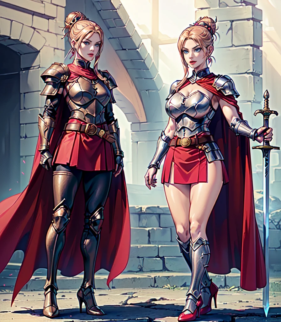 three sisters, beautiful, blondes, tall, redhead, curvys, sexy, using armor with cape, style roman empire, queens blade