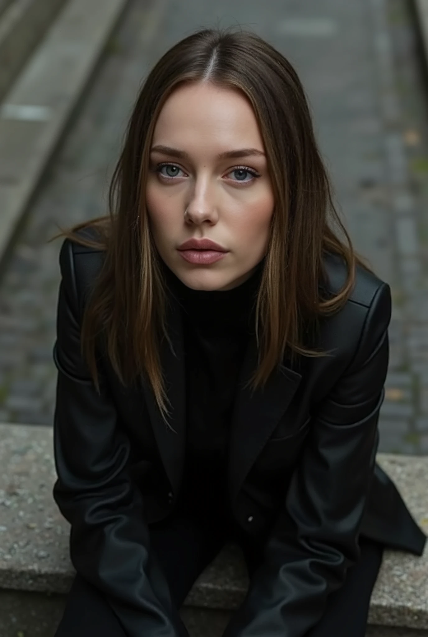 angle verry high photo from above, there is a woman sitting on a bench with her legs crossed, wearing black clothes, gothic city streets behind her, sitting on the ground, dressed all in black, alina ivanchenko, black outfit, by Niko Henrichon, total black outfit, in the city, by Emma Andijewska, wearing in black clothes, wearing a full leather outfit