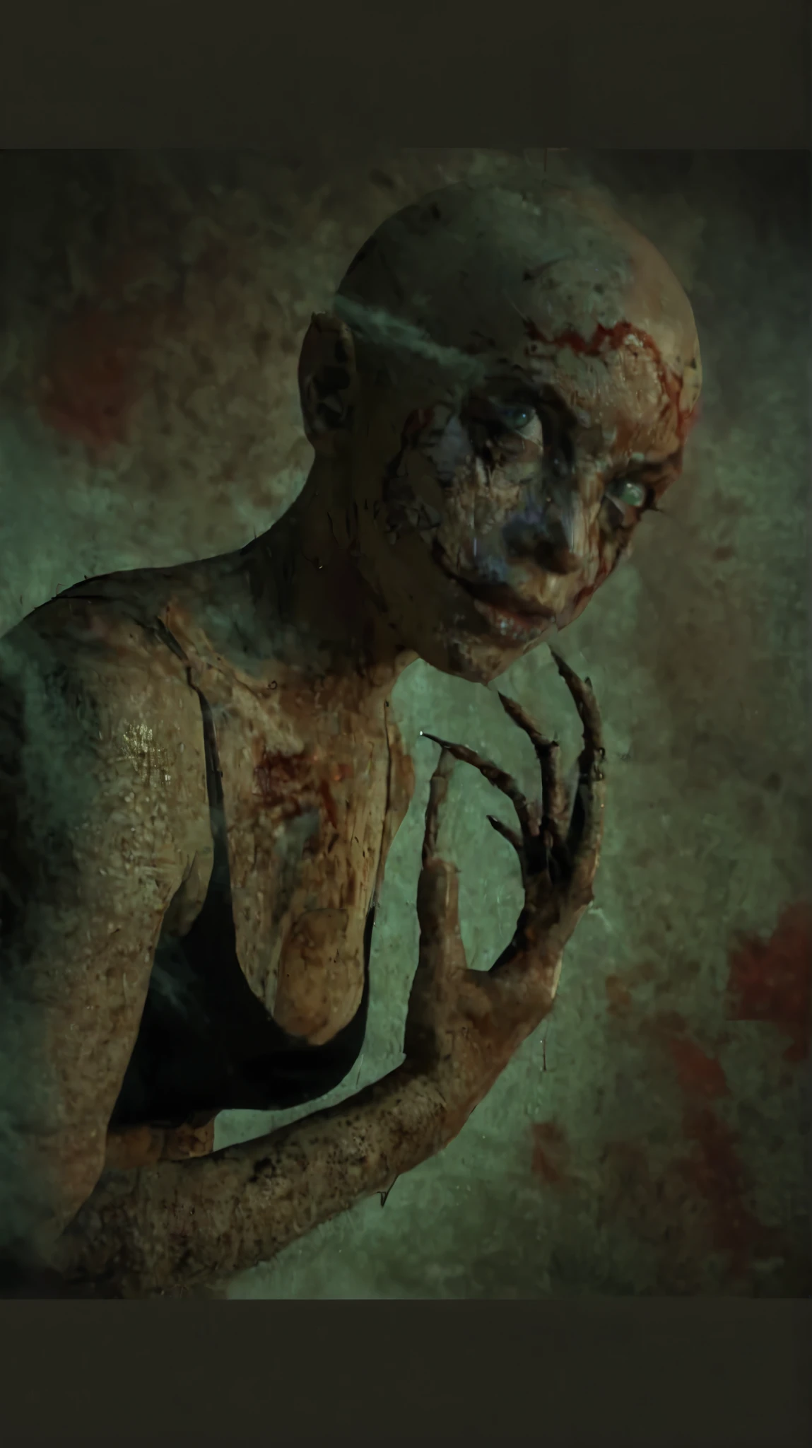 A photo-realistic shoot from a portrait camera angle about a creepy, humanoid female character with a greenish-brown skin and a short, bald head, wearing a black tank top, standing in the middle of the image. the character appears to be a woman, with a slender physique and pale skin, and is looking directly at the viewer with her blue eyes. she has a serious expression, and her body is covered in dirt and grime, with blood stains on her skin. her hands are adorned with antlers, and she is holding them up with one hand. the background is a dark, smoky, textured wall with blood splatters, and the lighting is dramatic, casting shadows on the character's face and body.