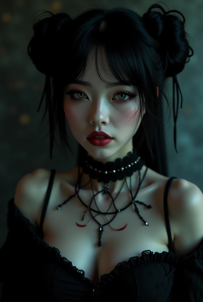 i want to see a gothic japanese woman with cat ears and a name tag written Ktty Katt
