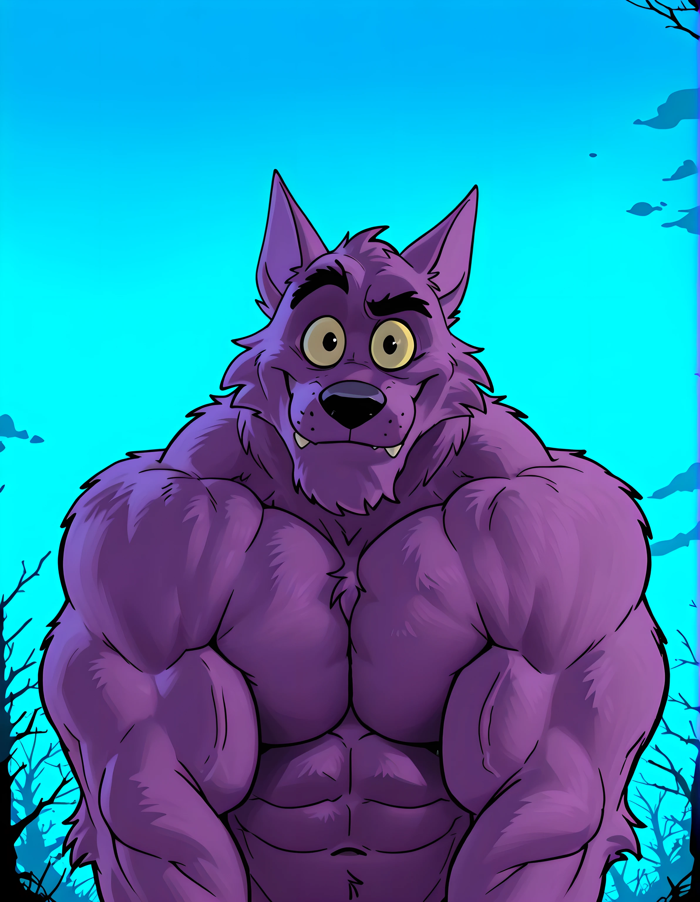Bernard, Bernard_Mettle, werewolf, purple fur, yellow sclera, shirtless, furry chest, muscular, proud, strong, night background, dark forest, (black forest, blue sky, black sky), scary forest, half body, by anhes, looking at viewer, big body, solo, bare biceps, doggy pose, close-up