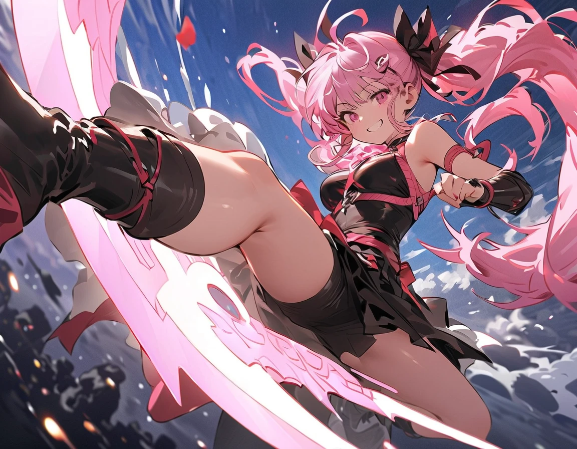 (Perfect Anatomy)、Mastepiece、Ultra High Quality、 8K、masterpiece、Highest quality、Ultra-high resolution、Maximum resolution、Very detailed、Professional Lighting、anime、woman、thin、so beautiful、Highly detailed eye、Highly detailed face、Golden earrings、Pink Hair,、Pink eyes、Mid-chest, pink lips, upper arm pink armor, white leotard, pink pattern, full body, magical girl, Angel Girl, Are standing, pink thigh high stockings, white super long boots, pink gauntlet, high heels, hime cut, bridal hair accessory, (((Summoning a magic sword))), Opening legs outwards, glowing eyes, madeon, Biopunk, Creating wind with wings, (((Forming a magical shield))), Enveloped in a magical aura, Firing magical arrows, spread legs(((attack with sword))), (torn clothes:1.9), (dirt), blood return, (((abrasion)))