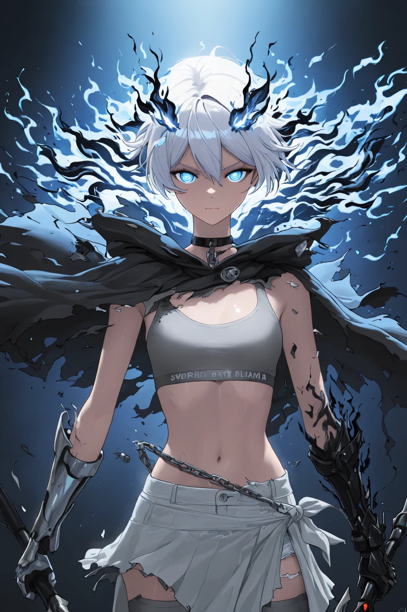 Anime illustration, detailed anime artstyle, cinematic, backlighting, backlit, cold light, colorful, light reflection, upper body shot, fotoshoot, model, solo, 1girl, asymmetrical armor, detailed skin, extremely detailed eyes, dynamic pose, Kiana, pure shining white hair, [long hair, loose hair|(black flames, burning hair:1.2):0.4], kiana kaslana, flat chest blue eyes, bright eyes, glowing eyes, ringed eyes, HoF_Def, white denim jacket,  (broken clothes, clothes break:1.2), t3chwear, [shredded cape, broken cape|burning wings], [blue liquid flames, wielding a greatsword|(swordstaff, glaive, black flames, black napalm:1.2):0.5], sports bra, cloak, d4rkr34p3r, [armor:pauldrons, hood], choker, gauntlets, [chain:thighhighs], half-skirt, warcore boots, closed mouth, serious expression