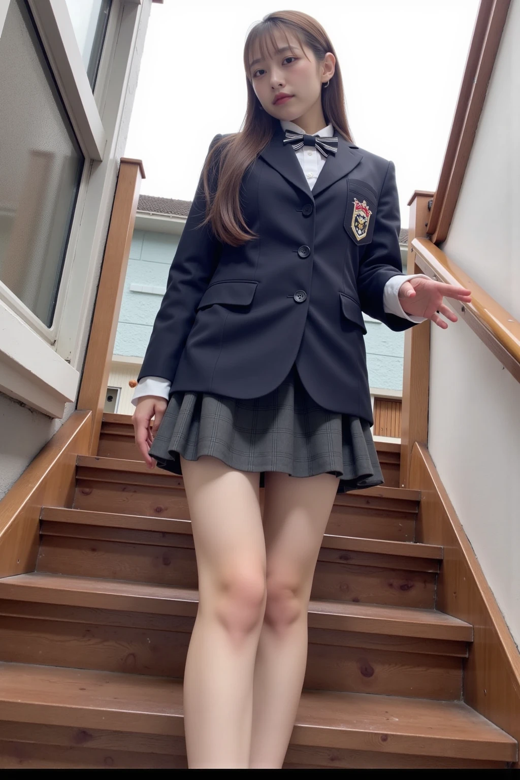 学校の教室に立つ1人のpretty girl,red tie uniform,dark blue closed blazer,Blue check super super super super mini skirt,18-year-old,brown hair short cut with side waves,best smile,I can see your beautiful thighs,knees,random pose,pretty girl,slender girl,I'Iは教室の机に足を開いて座っています.,Iの肌は美しいです,Wear cute sneakers,natural makeup,