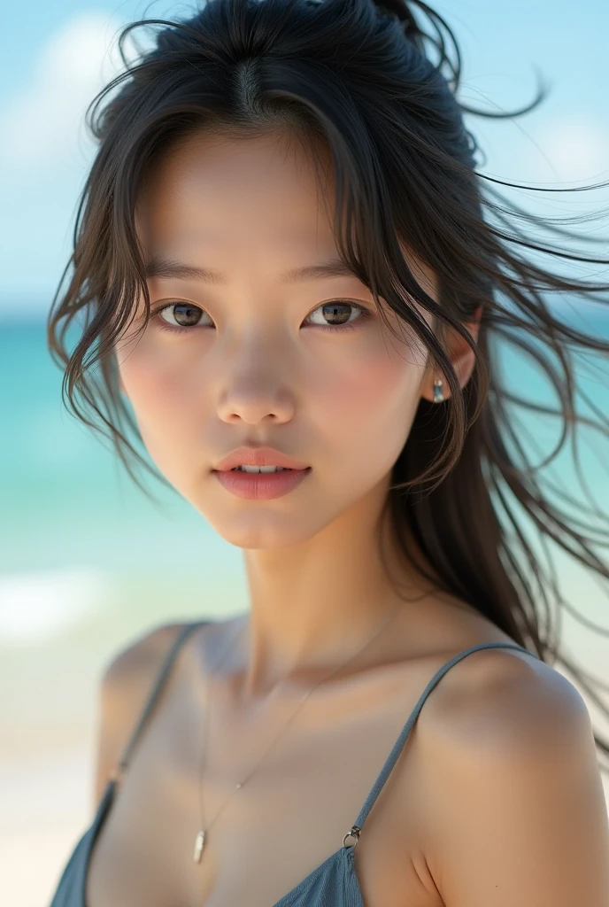 (( masterpiece.Top-notch quality,4K wallpaper)) ,A Japanese woman in her 20s,Her facial features are extremely delicate and beautiful. In line with the golden ratio of human anatomy((The woman's face is illuminated with bright light,.clearly outlining her beautiful and delicate features.)) . beach at dusk, Woman wearing white bikini.Very plump breasts and the cleavage between the breasts are visible.The plump breasts highlight her slender waist.Her figure is as good as a supermodel,Natural sexy expression,(ultra wide angle lens,85 mm,F1.4,full frame camera),The woman has beautiful long black hair,The setting sun's golden rays rimmed her hair from behind.She sat gracefully and beautifully on the lovely beach..