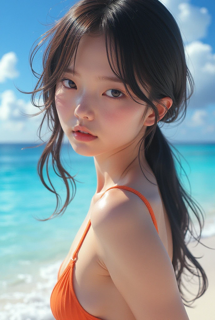 Bust Shot,bikini,outdoor,beach,Body in front,masutepiece, The highest image quality, High quality, the background is clear,Beautiful woman, Japanese, Detailed, Ultra-detailed, finely detail, hight resolution, 8K Wallpaper, Perfect dynamic composition, Beautiful detailed eyes ,Detailed eyes, Detailed skin, Beautiful skin, 超hight resolution, (reality: 1.4),Very beautiful woman, Slightly younger face, Beautiful skin, slender, (Ultra photo realsisim), (hight resolution), (8K), (Very detailed) (beautifully detailed eyes), (super detailed), (Detailed face), view the viewer, Fine details, Detailed face, Staring straight ahead, Staring straight ahead, photos realistic, Bright lighting, Professional Lighting, Black hair,poneyTail,a baby face,sixteen years old,Hairstyle: ponytail,Long ponytail hairstyle,slight smile,