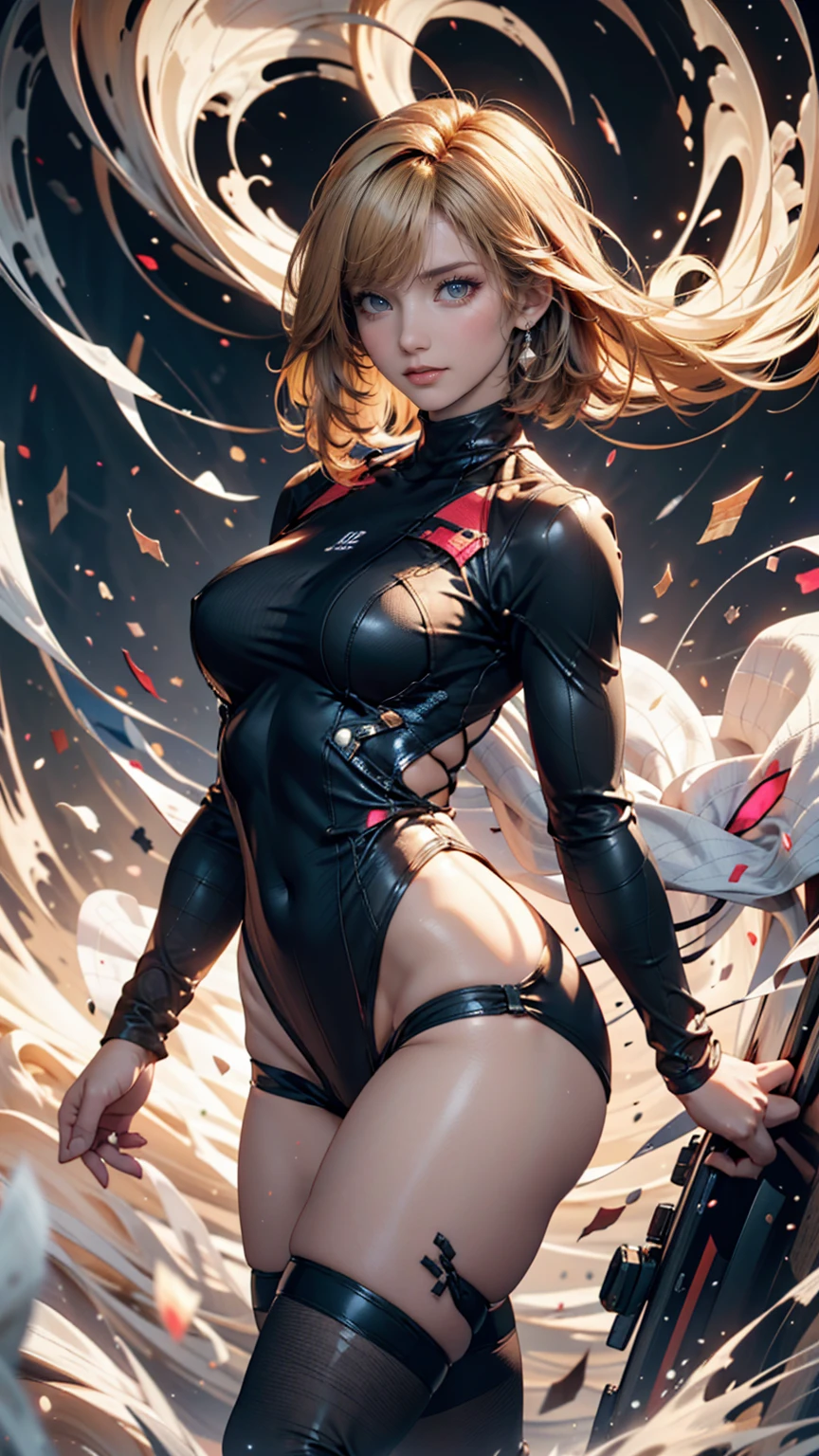masterpiece, Highest quality, sour, Grey sweater, Black leotard, Spin around, spin, Blonde, Superhero, boots, tornado, Circlingwind, alone, barefoot, Circling, Wind effects, spinning into a tornado, fast spin, stand, time travel, Travel through time, High leg, Perfect hands, Perfect Fingers, High leg leotard, Power ups, tornado swirls