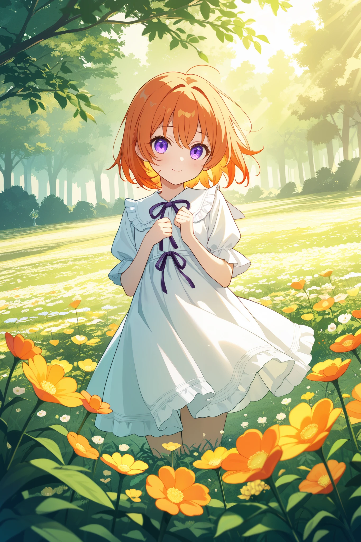  anime cartoon girl  , long orange hair and purple eyes 
