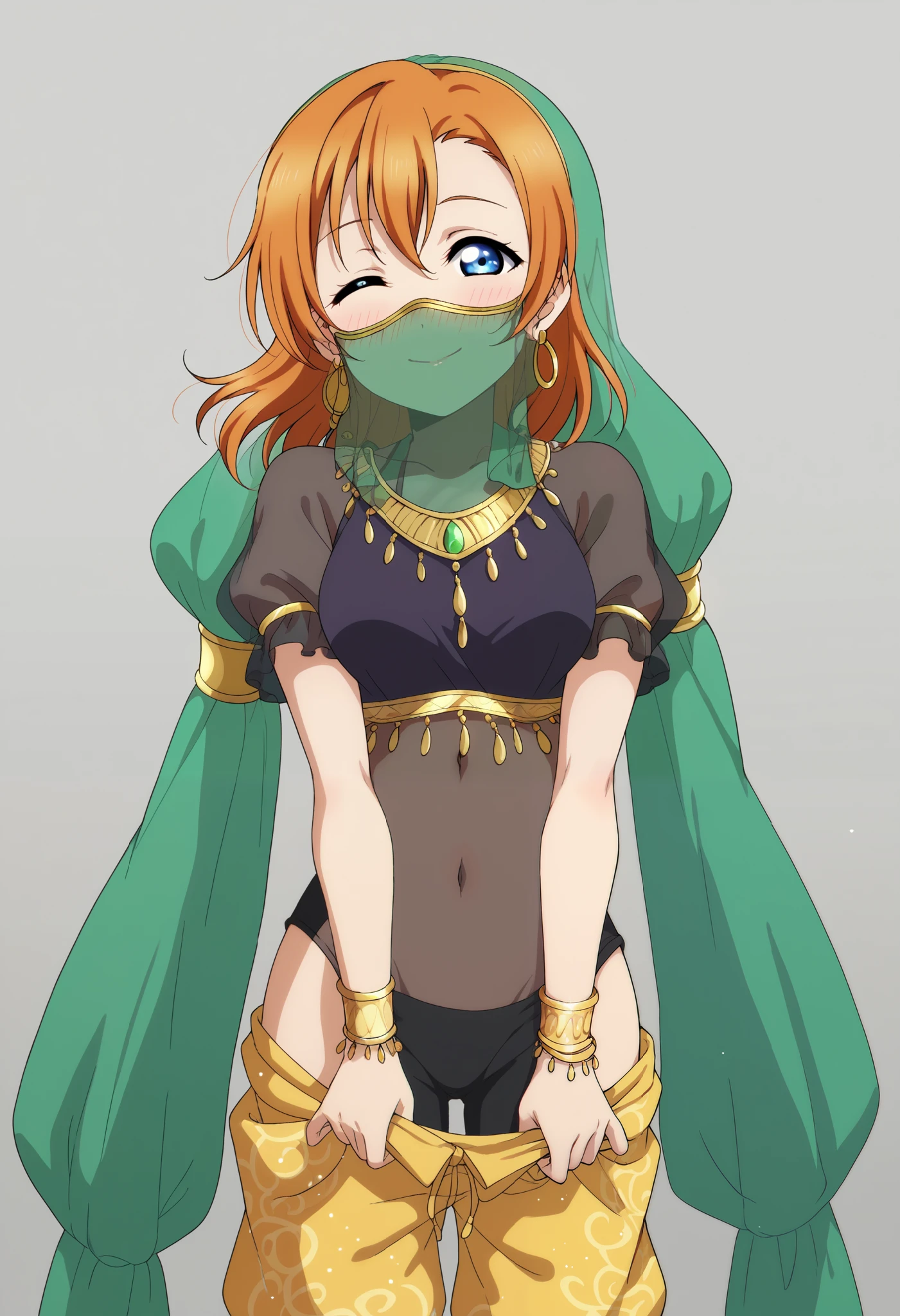 score_9, score_8_up, score_7_up, score_6_up, source_anime, BREAK by ikuchan kaoru, iku, clean color, flat color, sitting, indoors, presenting, couch, 1boy, femboy, bored, apathetic, orange hair, break, ((arabian clothes)), belly dancer, face veil, veil, venti