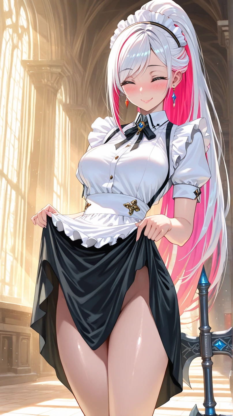 nsfw:1.1,Masterpiece:1.3,Detailed and beautiful depiction 1.3,Official Art,Beautiful adult woman ,Megurine Luka,Pink long hair,blue eyes,Large Breasts,Erotic smile temptation,Maid clothes,Embarrassed, she lifts her skirt to reveal her black shorts,(Show your vagina),bedroom