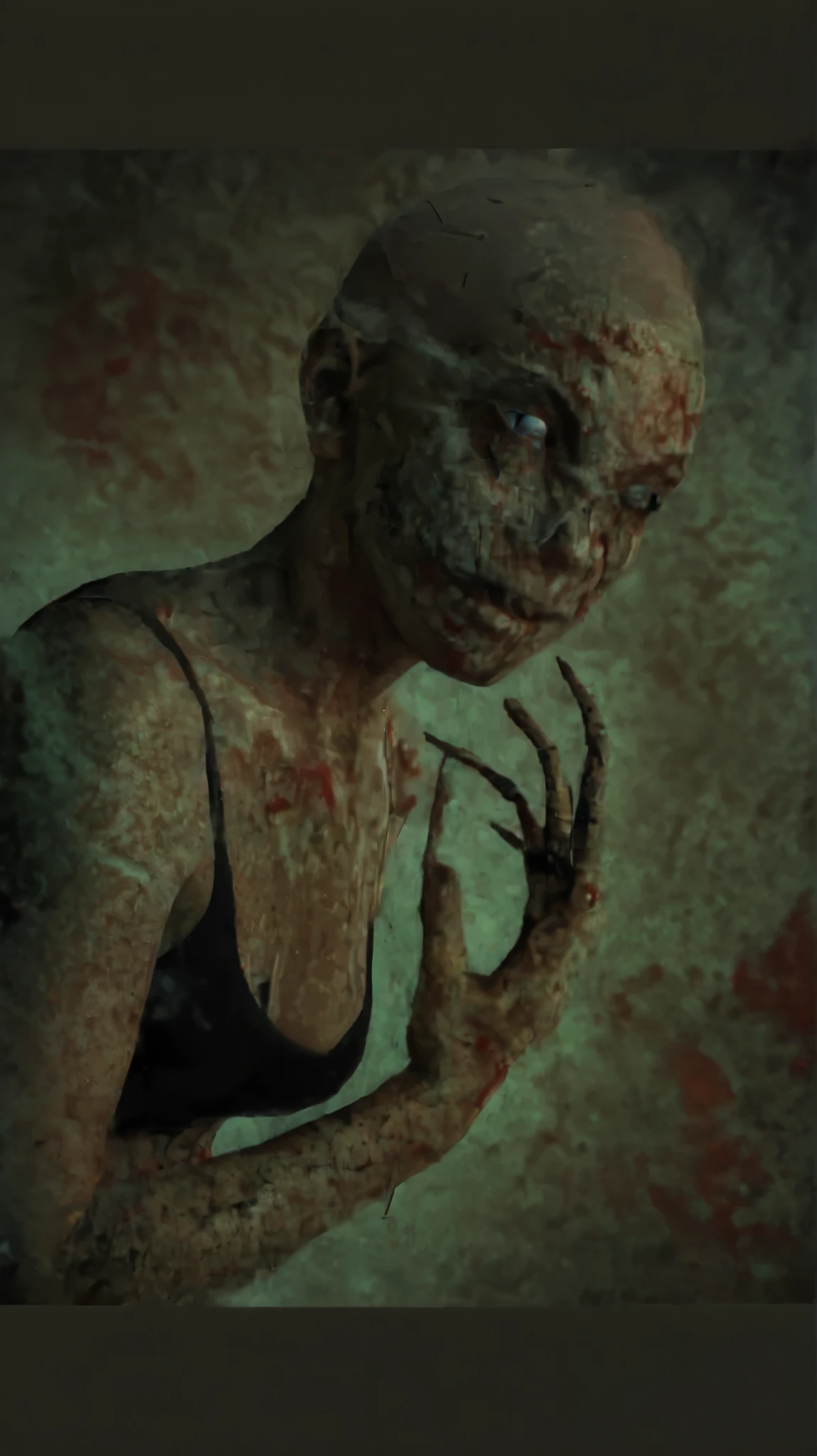 A photo-realistic shoot from a portrait camera angle about a creepy, humanoid female character with a greenish-brown skin and a short, bald head, wearing a black tank top, standing in the middle of the image. the character appears to be a woman, with a slender physique and pale skin, and is looking directly at the viewer with her blue eyes. she has a serious expression, and her body is covered in dirt and grime, with blood stains on her skin. her hands are adorned with antlers, and she is holding them up with one hand. the background is a dark, smoky, textured wall with blood splatters, and the lighting is dramatic, casting shadows on the character's face and body.