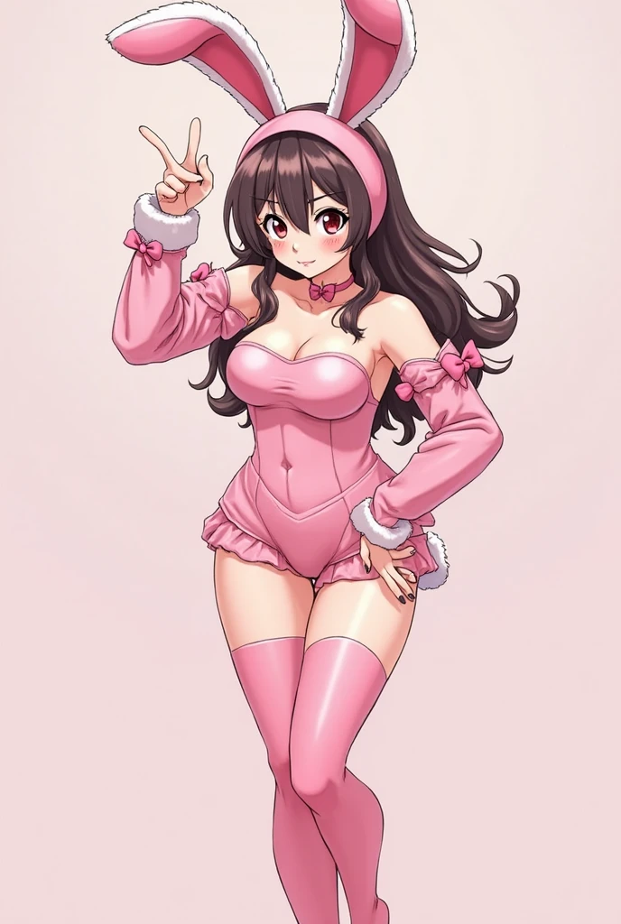 Woman with brown curly hair, grey eyes, very short, wears a white skirt and light pink hello kitty sweater, petete, fishnet lace stockings, button nose, round downturned eyes, white small belt, hello kitty hair clips, pink thigh garters, cute pink Mary Jane shoes, pink hello kitty choker,