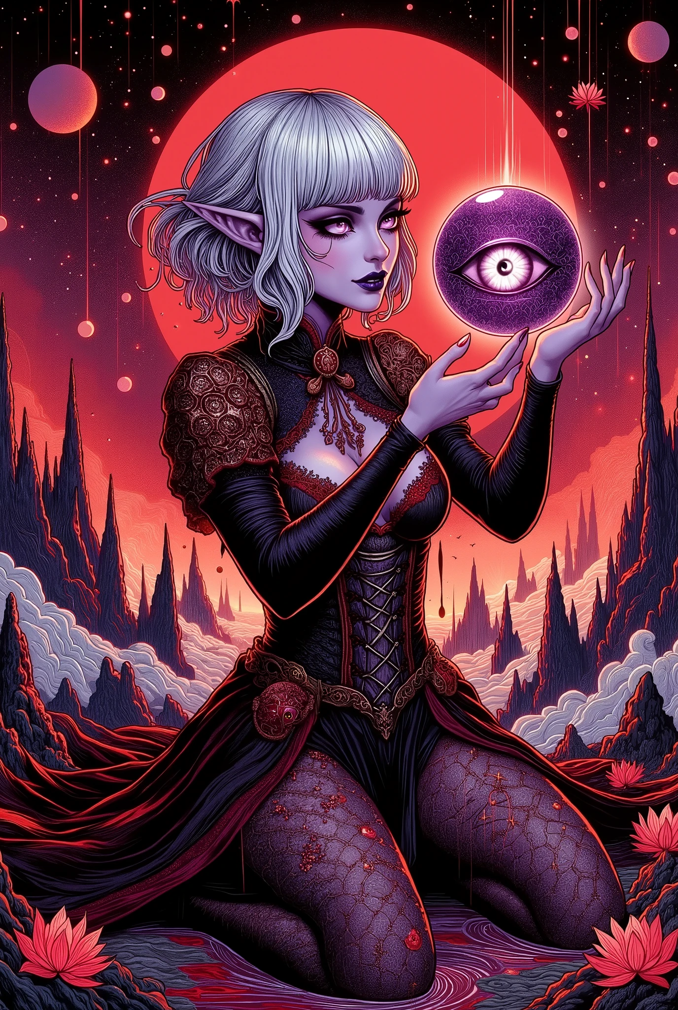 (Ultra-detailed face, Looking away, Gothic Illustration, Dark tone colors. She has five fingers on her hands and five toes on her feet.), BREAK
(A world of red sky lit by a pitch black sun. The painting depicts a woman's face from a viewpoint looking up from the ground.), BREAK
(A young dark elf necromancer lowers her body, twists her back, and holds out a sphere covered in glowing purple dragon scales about three times the size of a human face floating above her straight outstretched hands. One large lizard-like golden narrow pupil eye looks at me from the sphere.), BREAK
(She has white hair, white eyebrows, blunt bangs, very long wavy hair, small pink lips, lavender eyes, translucent dark purple skin, and thick eyeliner. A brutal laugh.), (She wears a crimson lace ribbon tie, a tight lace-up dress of black and red silk embroidered with golden lotus flowers, covered in dragon's blood, and stocking boots with crimson pinwheels.)