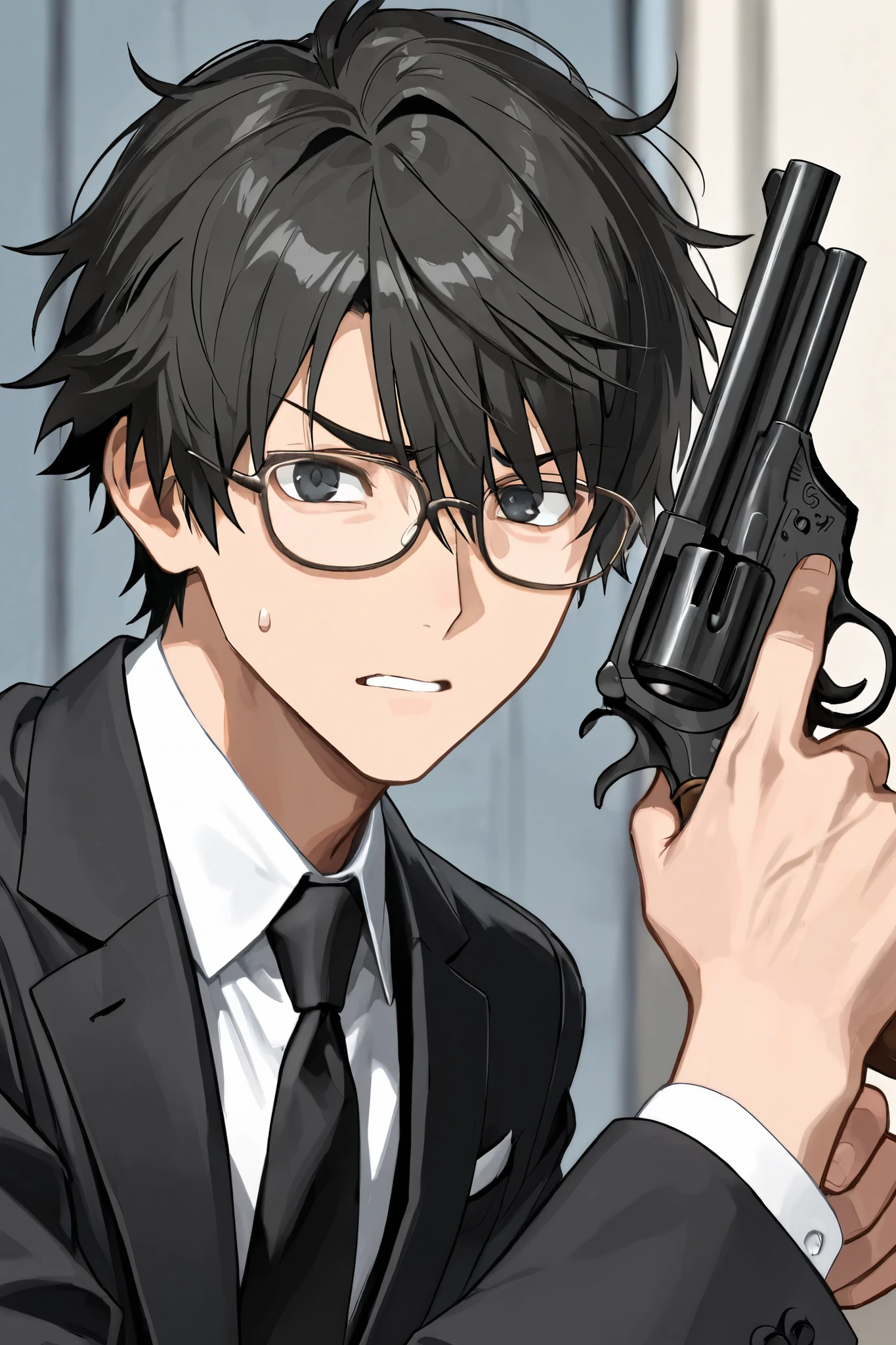 a 25 year old, Male, Hair: Short, slightly messy black hair. Eyes: Brown, wide-open, conveying anxiety or worry. Eyewear: Large, square-rimmed glasses with a modern, simple design. Clothing: A formal black suit, white shirt, and black tie, indicative of a professional setting. Expression: A tense or concerned look, with furrowed brows. Setting: The lighting emphasizes the character in the foreground, giving a sense of focus on their emotions. holding S&W M10 Revolver in right hand, Fighting off The goblins in fantasy world.
