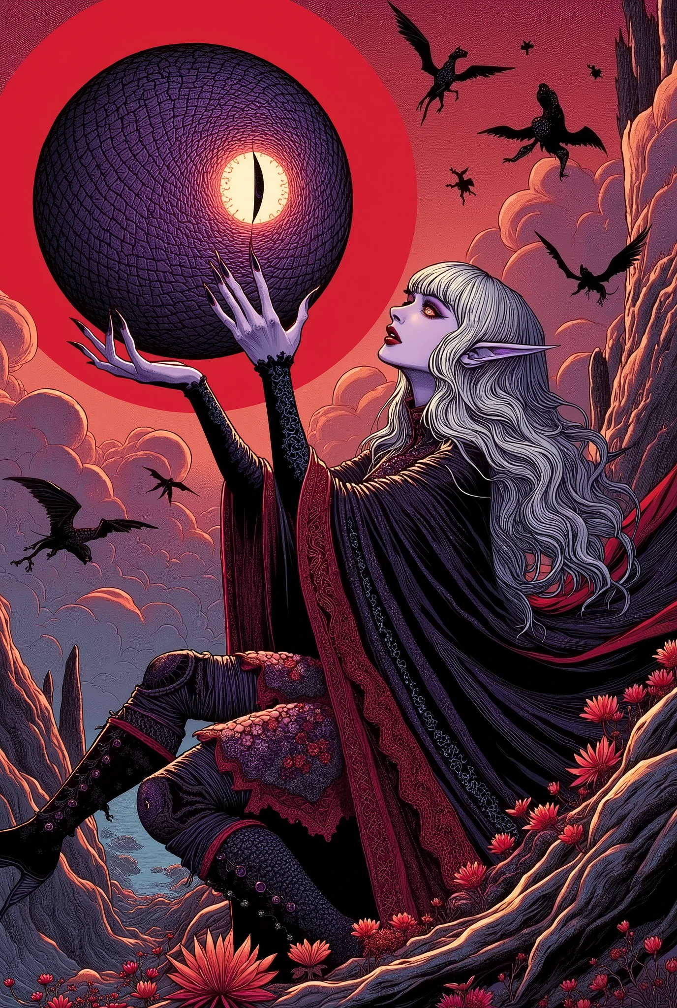 (Ultra-detailed face, Looking away, Gothic Illustration, Dark tone colors. She has five fingers on her hands and five toes on her feet.), BREAK 
(A world of red sky lit by a pitch black sun. The painting depicts a woman's face from a viewpoint looking up from the ground.),  BREAK 
(A young dark elf necromancer lowers her body, twists her back, and holds out a sphere covered in glowing purple dragon scales about three times the size of a human face floating above her straight outstretched hands. One large lizard-like golden narrow pupil eye looks at me from the sphere.),  BREAK 
(She has white hair, white eyebrows, blunt bangs, very long wavy hair, small pink lips, lavender eyes, translucent dark purple skin, and thick eyeliner. A brutal laugh.), (She wears a crimson lace ribbon tie, a tight lace-up dress of black and red silk embroidered with golden lotus flowers, covered in dragon's blood, and stocking boots with crimson pinwheels.)