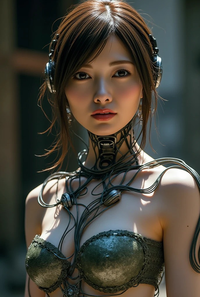 top-quality、masterpiece、超A high resolution、(Photorealsitic:1.4)、Raw photo、White plastic body、女の子1人、Black hair、glowy skin、1 Mechanical Girl、((super realistic details))、portlate、globalillumination、Shadow、octan render、8K、ultrasharp、character edge light,Colossal tits、Raw skin is exposed in cleavage、Details of complex ornaments、White ceramic body、Steampunk details、vacuum tubes、Nixie Kan、Oil pressure gauge、Glass Kan、Analog Meter、gear wheel、gear、Golden hydraulic cylinder、highly intricate detail、Realistic light、CGSoation Trends、a purple eye、radiant eyes、Facing the camera、neon details、Mechanical limbs、blood vessels connected to tubes、Mechanical vertebrae attached to the back、mechanical cervical attaching to neck、sitting on、Wires and cables connecting to the head、Gothloli details、Small LED lamp、