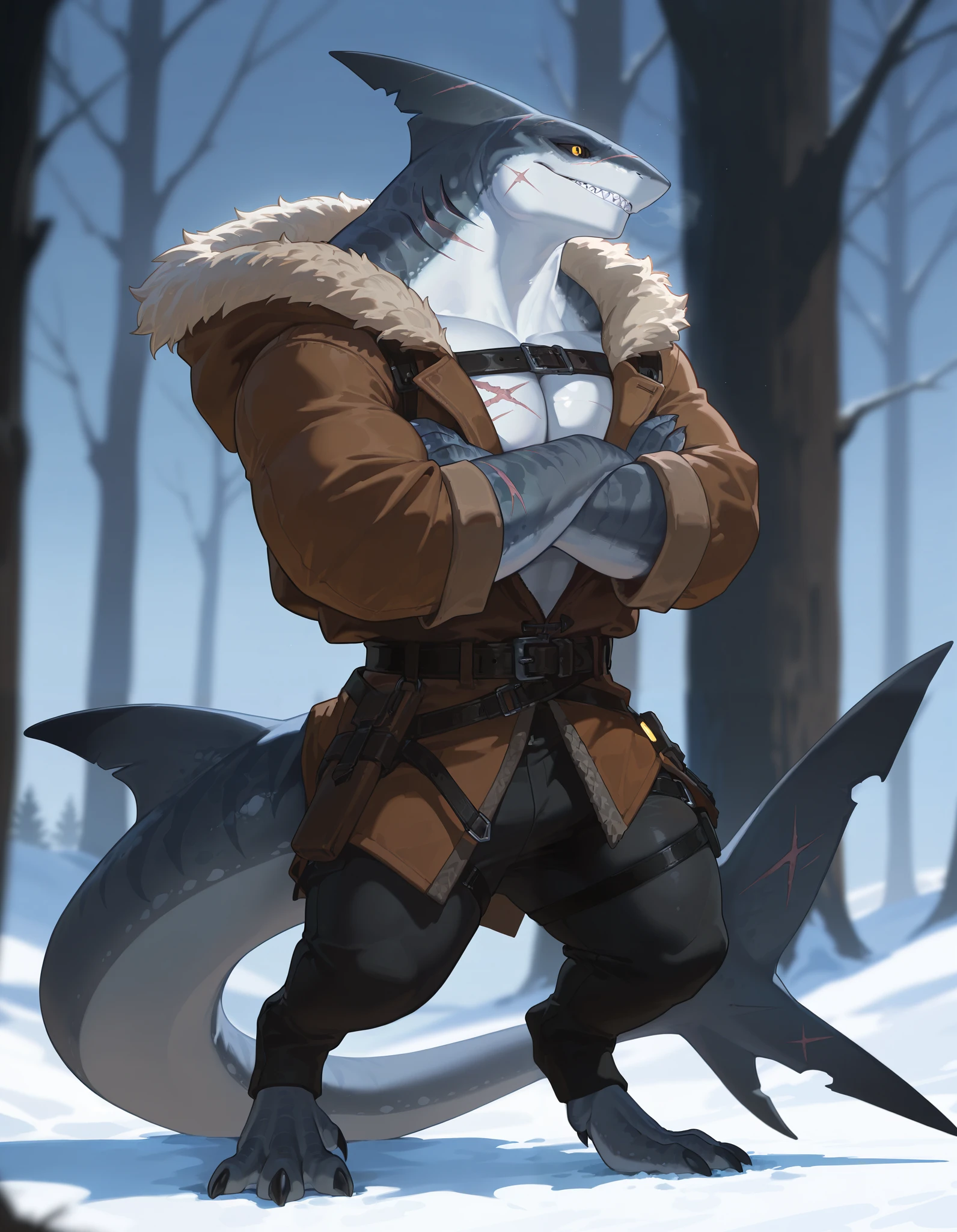 masterpiece, best quality, amazing quality, very aesthetic, absurdres, newest, scenery, extreme detail, 8k, detailed eyes, yellow eyes, by Riolutiny, anthro, shark, male, scalie, anthro shark, anthro megalodon, hunk, gray body, strong hands and fins, black back, solo, bara, detailed skin, scars, lizard shark hybrid, thick tail, hunter, detailed scales, muscular, digitigrade legs, thick legs, proporcional body, wide chest, buffed muscular torso, trapezoid body type, marked jaws, thick shark tail, masculine, thick scales on arms and legs, muscular legs, proporcional body, wide chest, trapezoid body type, wearing pants, wearing armless jacket with fur mantle, system of belts and bags across the chest, marked jaw, scars on body and arms, standing with crossed arms, winter forest background, side view