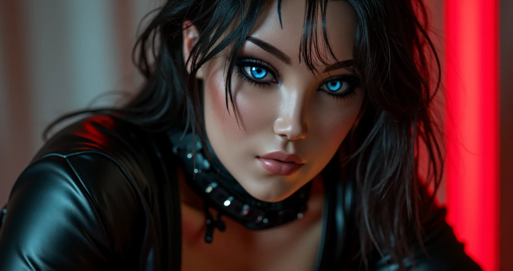 beautiful busty woman in a blue blouse with a deep v-neck, detailed face, beautiful eyes, detailed lips, long eyelashes, soft lighting, photorealistic, masterpiece, 8k, ultra-detailed, realistic, vivid colors, natural skin texture