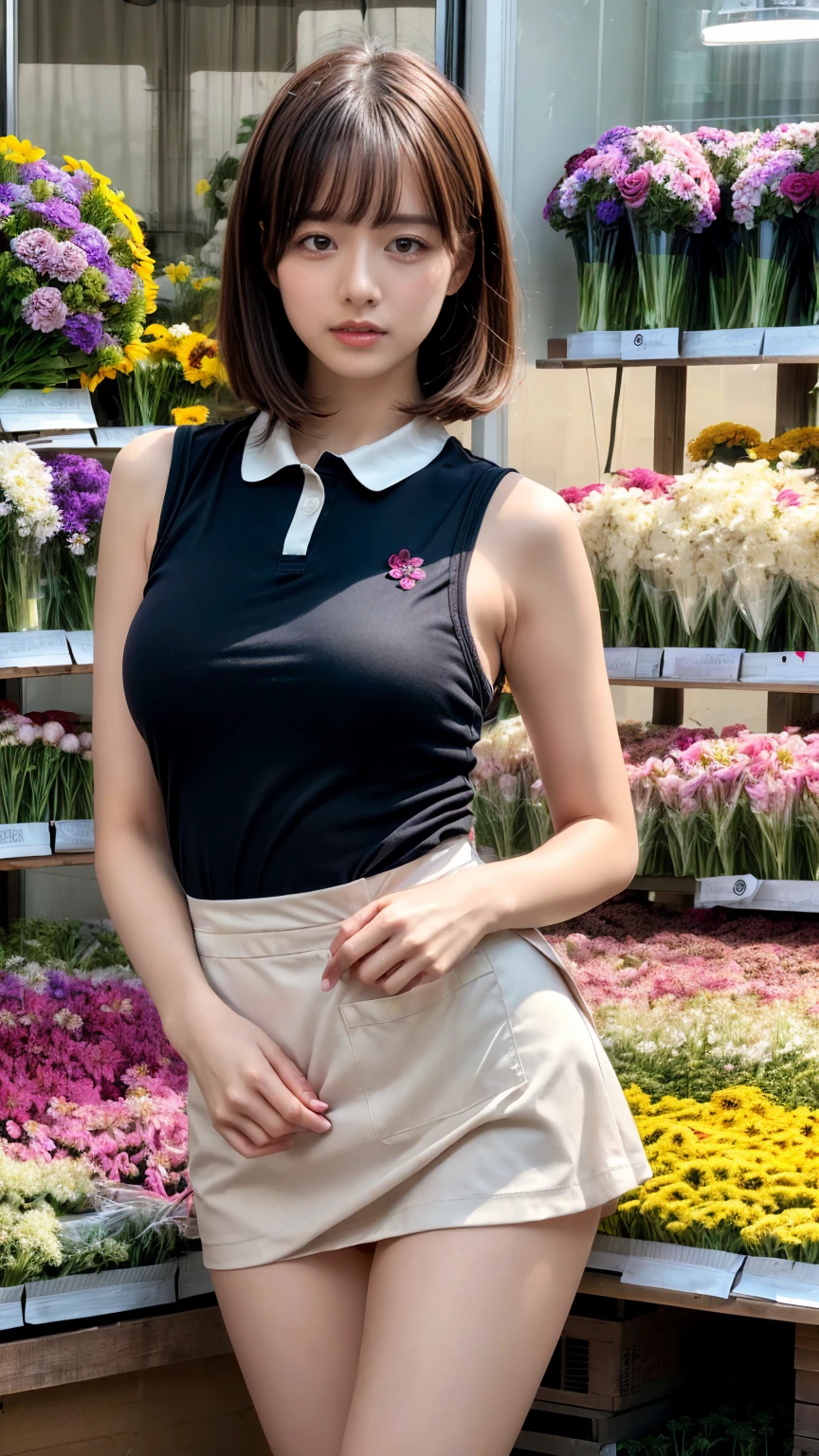 (masterpiece:1.3, top-quality, ultra high res, ultra detailed), (realistic, photorealistic:1.2), beautiful illustration, perfect lighting, natural lighting, colorful, depth of fields, ,
beautiful detailed hair, beautiful detailed face, beautiful detailed eyes, beautiful clavicle, beautiful body, beautiful chest, heavy chest, beautiful thigh, beautiful legs, beautiful fingers, shiny skin,
looking at viewer, 1 girl, japanese, 22 years old, (perfect anatomy, anatomically correct, super detailed skin), cute and symmetrical face, babyface, perfect face, perfect eyes, perfect fingers,
(short bob hair, straight hair, hair slicked back:1.6, blue hair), parted bangs, dark purple eyes, big eyes, drooping eyes, long eyelashes, faint lips, ((saggy breasts), Don't expose it, seductive thighs), outstanding style,
(detailed cloth texture, break, sleeveless collared polo shirt, tight skirt, black apron), break,
(beautiful scenery), ((behind flower shop:1.5)), standing, ((hold a big bouquet:1.2)), (parted lips),