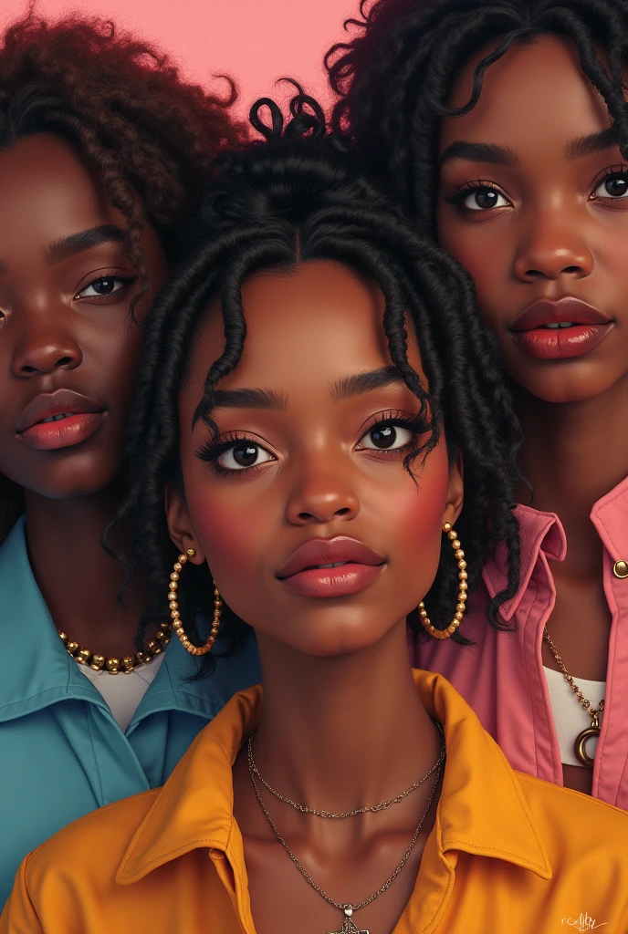 yoshomoto nara, wes Anderson, retro, casualism, minimalism (3 african mixed race girls with braids, curls and baggy clothes, ) minimalistic backgrounds, masterpiece, 8k,