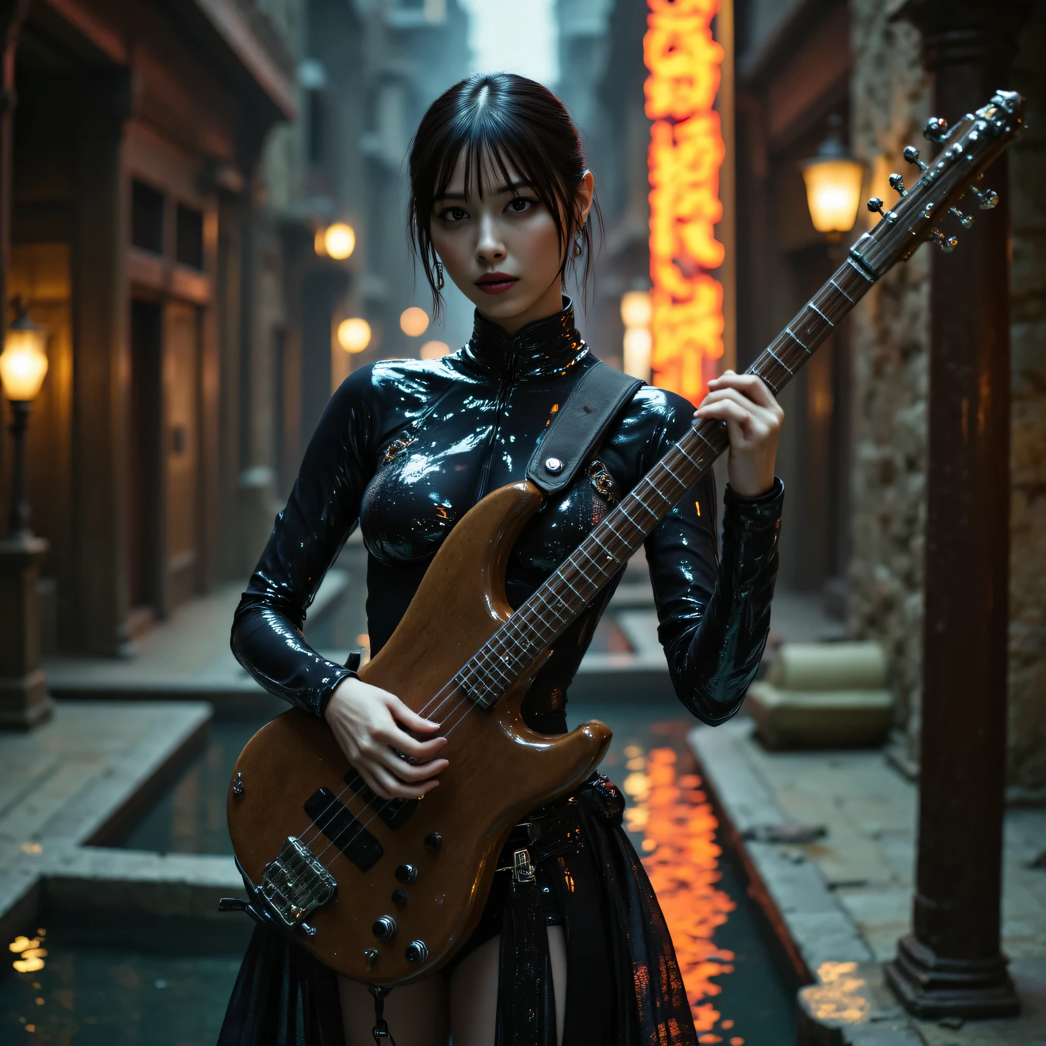 ((A blind monk playing a biwa :2.0)),(( a blind monk playing a biwa :2.0)),((((Play a four-string instrument with a novel cyberpunk style:2.0)))),(((boatswain: Temple of the Wind :2.0))),((( HR Gigger Style Cyberpunk Atmosphere :2.0))),((full body:2.0)),one woman,(cute face),(Beautiful well-balanced face ),(long hair with bangs:1.5),( black hair:1.5),glamorous shot of a 20-year-old Japanese woman, Slender Beautiful Body ,((model body type:2.0)),(( slim body with hot water:1.7)),perfect body line,Ideal Proportions,(big breasts:1.5),Bare thighs,sensual thighs seen from below the crowd,delicate body,( Muscular:1.7),A harmonious posture,(Realistic breast depiction :1.7),carefully depicts limbs based on perfect anatomy,((futuristic samurai style black super high leg leotard:1.5)),((fitted camy-like latex super high-leg leotard:1.5)),((monk's kesa-style military coat with an open front over a leotard:1.5)),concept art,(Best Quality:1.5),(masterpiece:1.5),(超高resolution),resolution,UHD,( delicate depiction), carefully drawn with butterfly wings ,32K,((realistic skin texture:1.5)),((( super realistic :1.5))), eyelashes,very detailed face,Highly detailed female hand, Sexy appearance ,Very sensual,(Blurry Dim Backgrounds :1.5),professional photo shoot,(movie light:2.0),(( Blade Runner Style Lights :2.0))