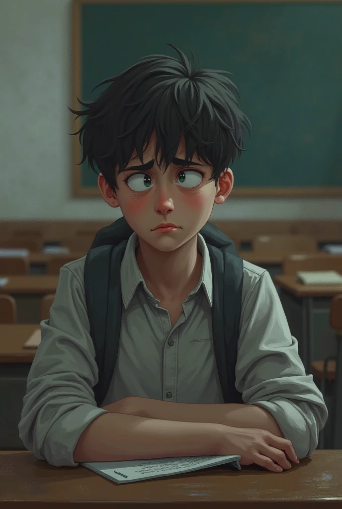 Boy with sad realistic appearance at school