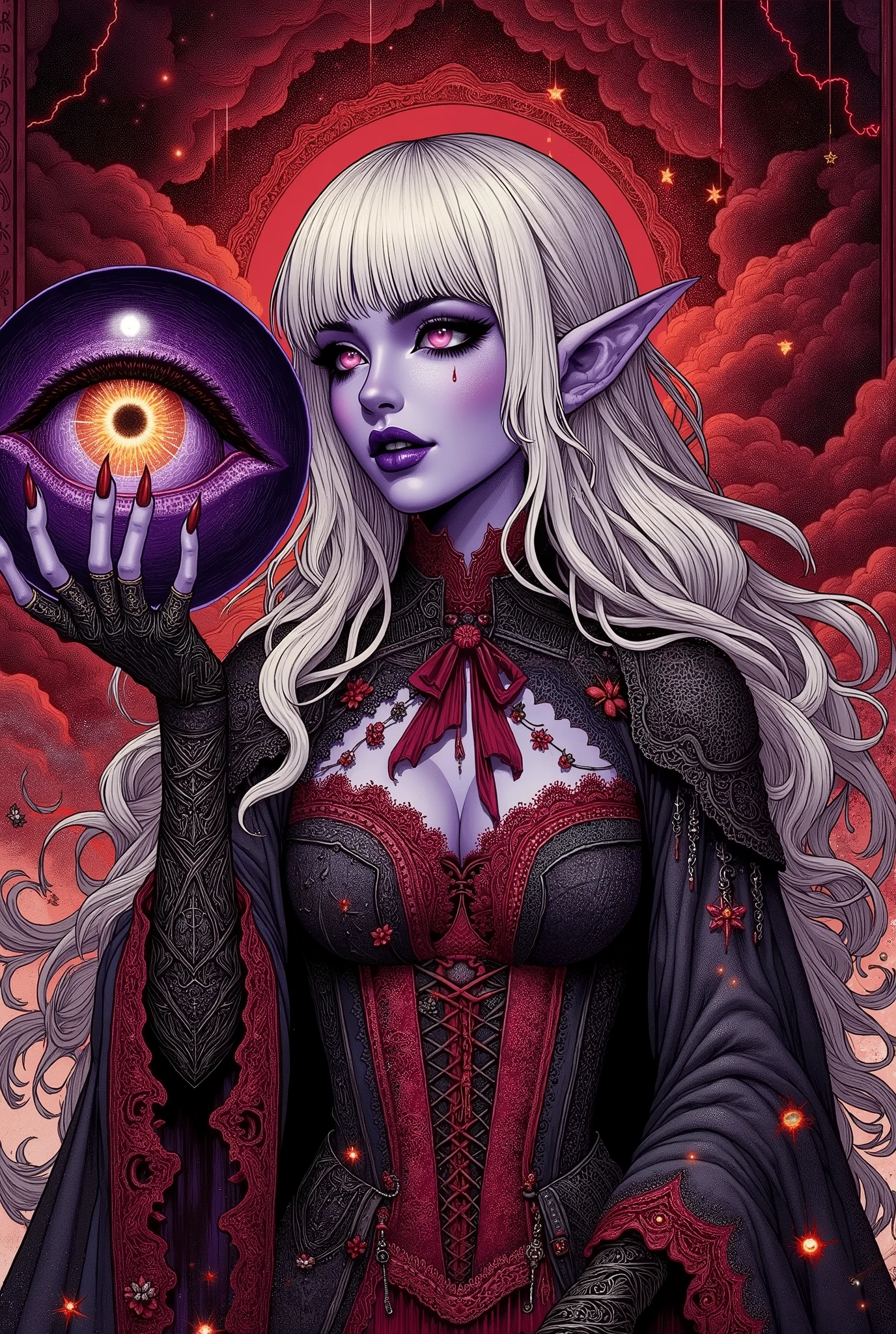 (Ultra-detailed face, Looking away, Gothic Illustration, Dark tone colors. She has five fingers on her hands and five toes on her feet.), BREAK
(A world of red sky lit by a pitch black sun. The painting depicts a woman's face from a viewpoint looking up from the ground.), BREAK
(A young dark elf necromancer lowers her body, twists her back, and holds out a sphere dripping with a purple glowing liquid the size of a human face, held in both hands. One large golden narrow pupil eye looks at us from the sphere.), BREAK
(She has white hair, white eyebrows, blunt bangs, very long wavy hair, small pink lips, lavender eyes, translucent dark purple skin, and thick eyeliner. A brutal laugh.), (She wears a crimson lace ribbon tie, a tight lace-up dress of black and red silk embroidered with golden lotus flowers, covered in dragon's blood, and stocking boots with crimson pinwheels.)