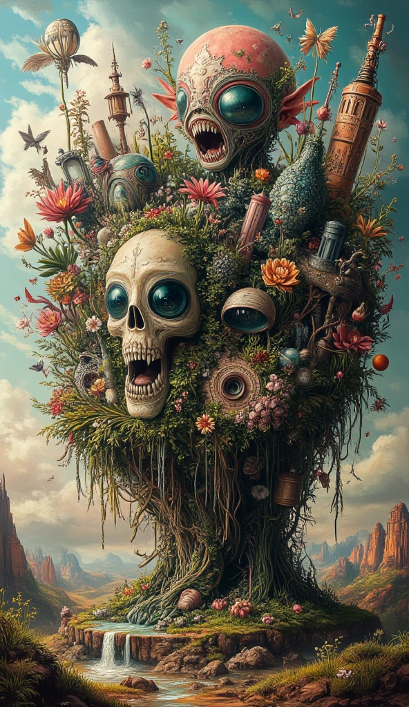 Human Skull House,fish,plant,flower,Tentacles,Eye、Starry Sky,Stitching together an abstract painting,Describing the inner world of autistic people,Sense of space,White Space,interesting,Innocence,Psychedelic Art,Pink theme