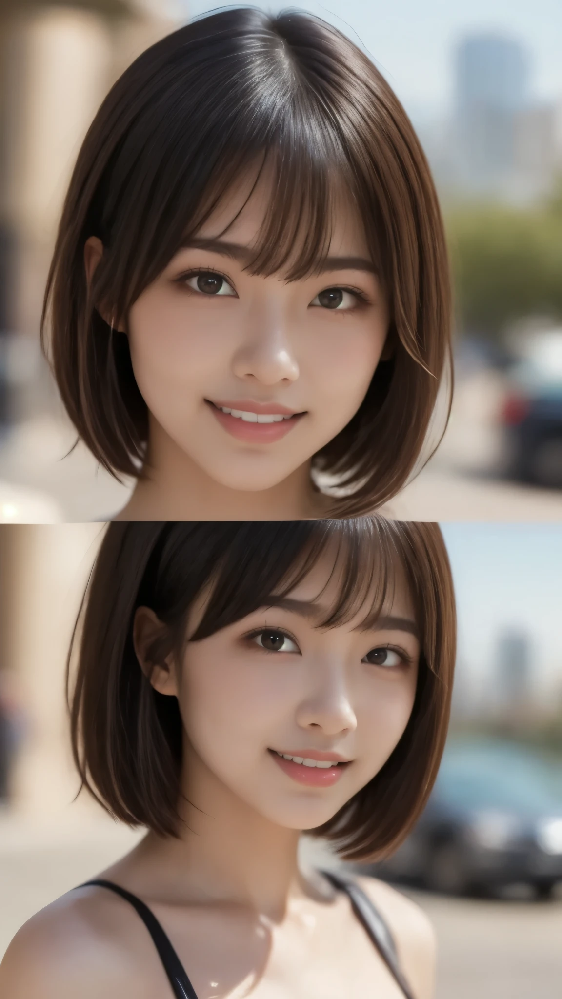 (((face close-up))、((brown、 shoulder length、 straight short bob ))、((she has the New York skyline in the background、I'm posing like a model in a beauty salon。.)))、(casual black long-sleeved winter attire))、 18 year old girl 、independent、 positive for home、Bright eye makeup、Brown Hair Color、 Flat、hair fluttering in the wind、Quality of actress、shiny、 Ultra Realistic Faces、smile、Tearful eyes inside the store 、 looks up、 Subtle Lighting Effects 、super realistic capture、Highly detailed, high-resolution 16K human skin close-up。skin texture must be natural、where pores must be clear enough to be identified、and、skin must be healthy、evenly tightened using natural light and color、It must be、Classic high quality images taken by a dedicated photographer at a modeling agency