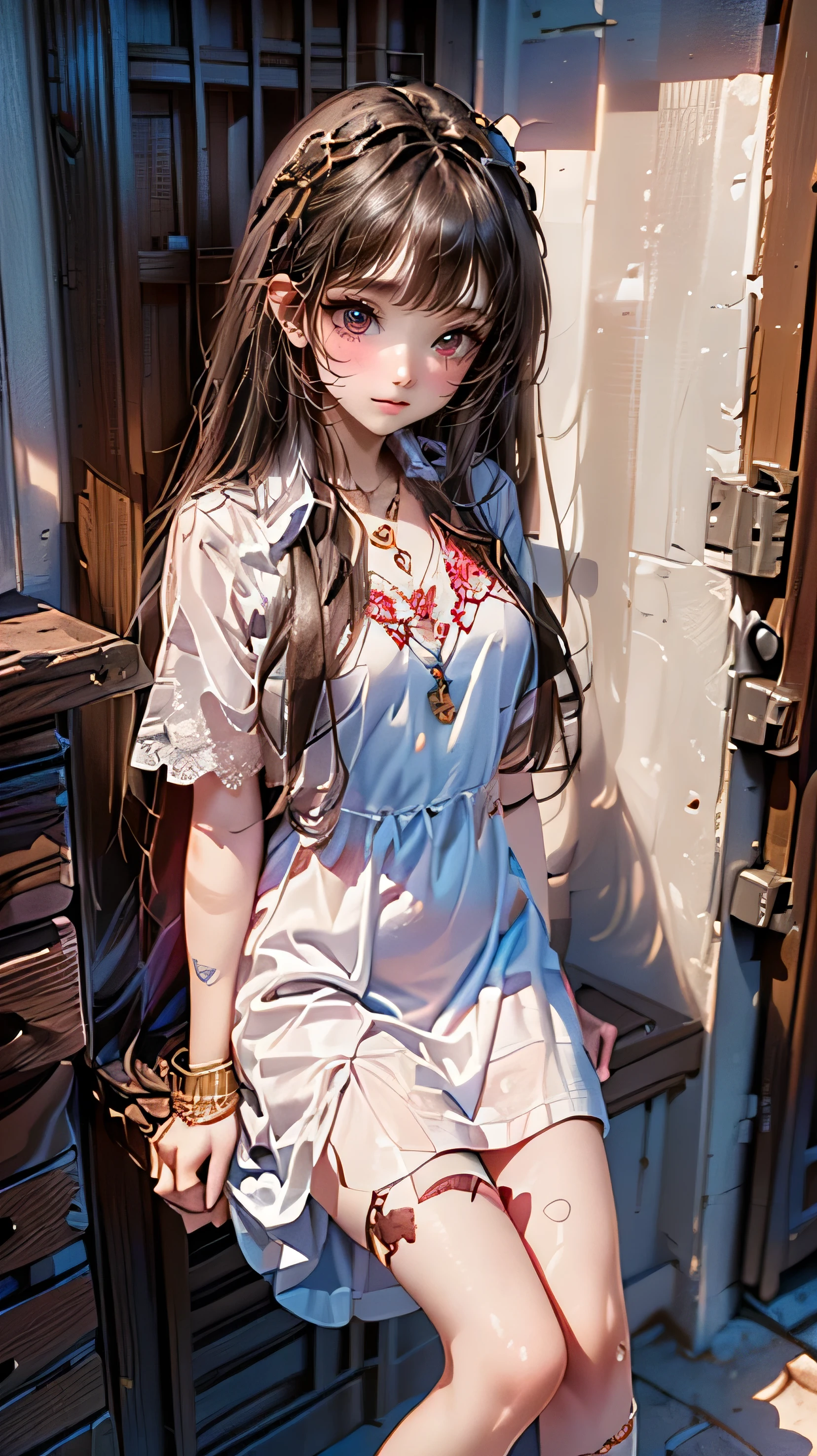 ((masterpiece, ( anorexia、 cute、beautiful , masterpiece, high quality, 16K Ultra HD , (masterpiece), ((( 最high quality), ((detailed face, cute face)), ( wears a long white embroidered dress , red lace shirt , , blue socks, Brown leather shoes , blue scars on her head . yes, her accessories include a necklace , earrings, bracelet . 1 girl at home )), 超Hi-Res , ( : 1.4), RAW photo, は最high qualityです, (Photo Stick), Key Points, Soft light, (()), (( shiny platinum gold silk maxi hair, beautiful shiny bangs, big、 Clear sky blue eyes , very beautiful bright eyes highlight )), (( ( like々Funny face ))), (surface), ( depth of writing), masterpiece, ( ), Escape, bangs, (( 1 girl at home )),Hi-Res, anatomically correct, accurate, 最high quality, Details, numerous awards for the future, Ultra High Definition, textured skin, very detailed, , quality, high quality, High details,