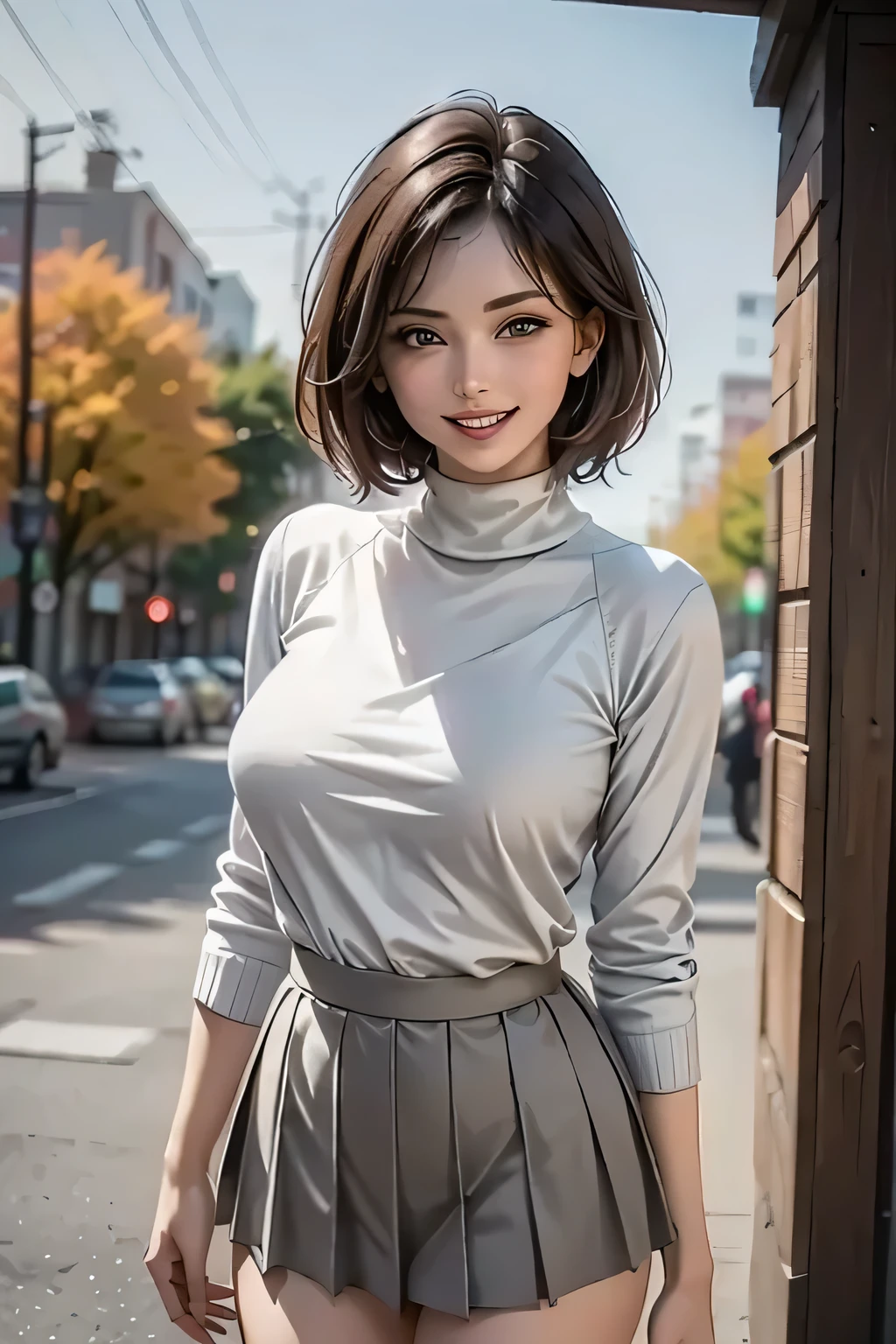 ((1. Ultimate beautiful woman)), mature, beautiful face, brown eyes , exhaustive lips , under a blue sky , Double Eye Lid, long lashes, ((Big Breasts)), grin, enchanting gaze , bob hair , (pink turtleneck sweater, light brown short pleated skirt), thighs, exhaustive, (background: There are many trees in the park々There is), Accessory, ((cowboy shot )), ( depth of writing ), ((masterpiece)), (( Top Quality)), realistic , 16K HD, not exhaustive, realistic lighting