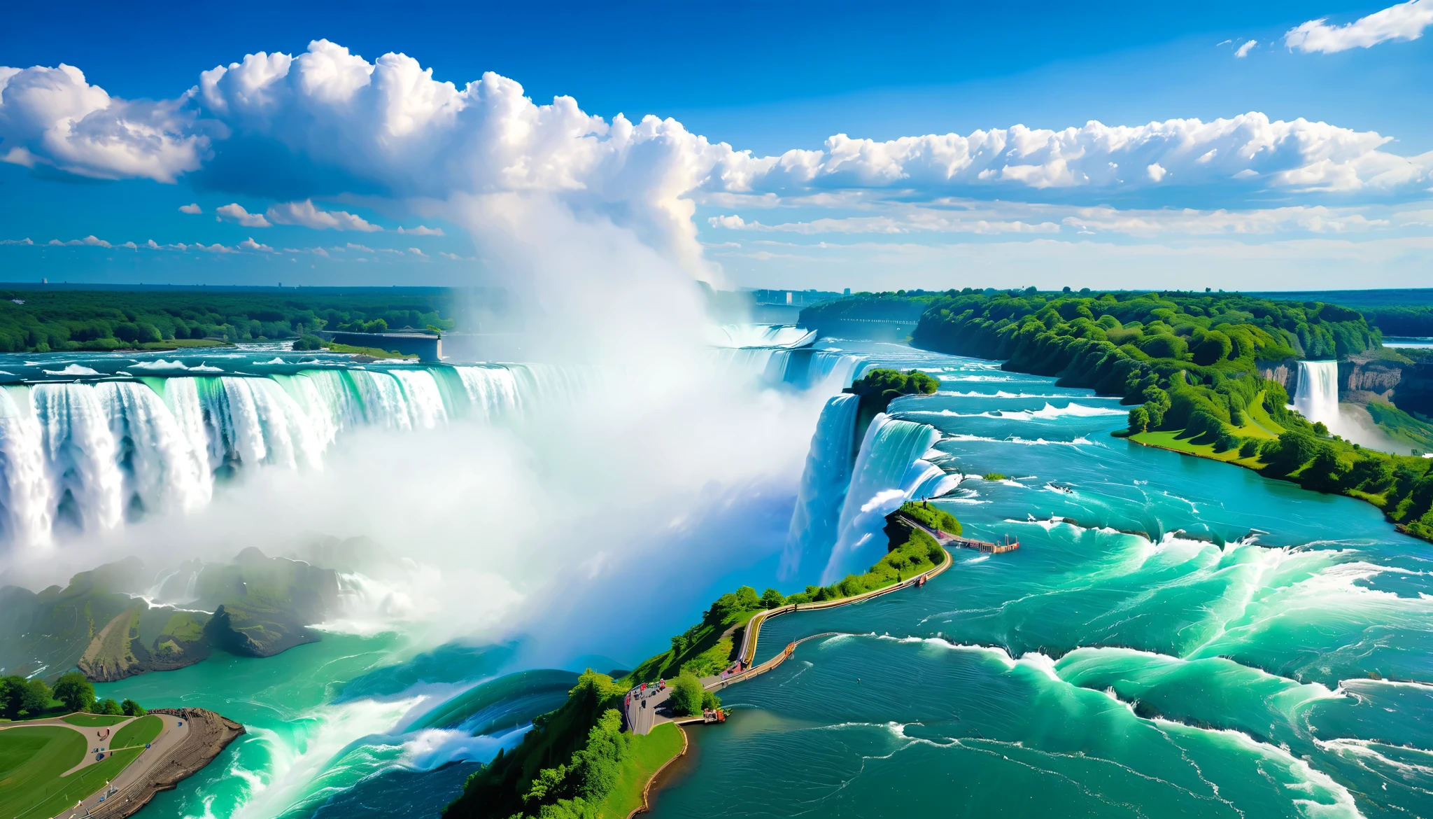 (Best Quality),(masterpiece:1.2),(very well detailed:1.2), super high definition ,RAW color photos,8k, Expansive Landscape Photos ,Spectacular landscapes,realistic pictures,Detailed photos,written,sharp concentration, in the cloud,(Niagara Falls is two-tiered),Asahi, beautiful color,written,Wide Light,Low Contrast,backlight,sharp concentration,Vivid Colors,Aerial view,