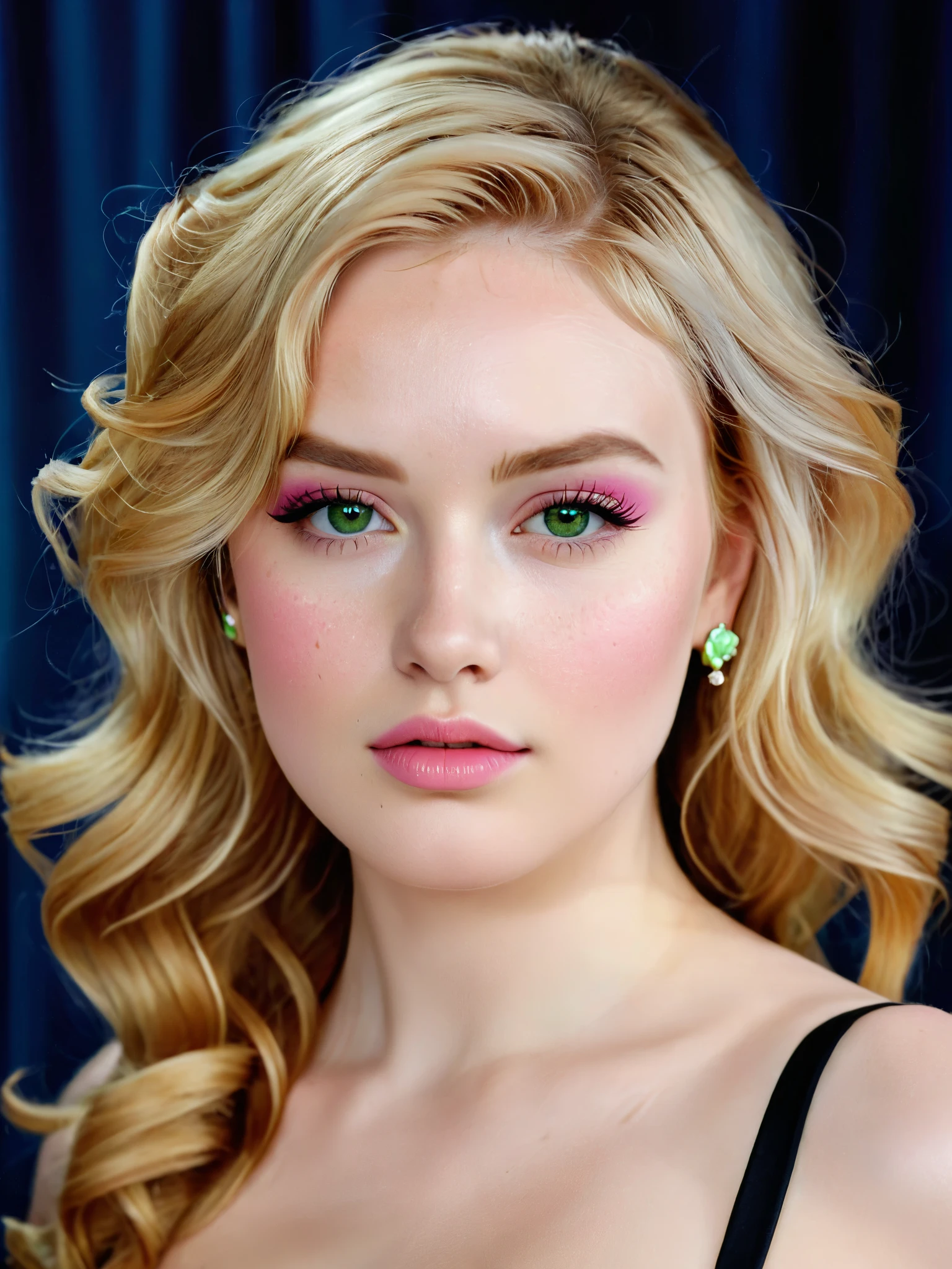 /imagine a woman with Triangular, with a narrow chin and jawline Skin tone: Very pale, almost porcelain-like Eyes Color: Bright, piercing green Shape: Almond-shaped, slightly tilted upwards Eyelashes Thick and blonde hair, matching her hair color Nose: Small, slightly upturned Lips Color Vibrant pink Shape: Full and plump, with a subtle Cupid's bow Hair Color: long, fiery blonde hair Messy, choppy layers framing her face Length: Just above the chin Facial features High cheekbones Defined brow bone Subtle freckles scattered across her nose and cheeksr