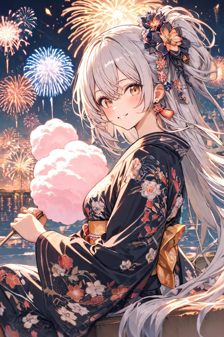 ((Masterpiece)), (Illustration), (((highest quality)), iridescent,
(((Beautiful detailed girl)), small breast, full body,
(delicate and pretty face), Lovestruck, (magenta eyes),
((floating_hair)), iridescent, white hair, beautiful white hair,
parted lips, yukata kimono, miniskirt yukata, black clothing, black yukata, black dress, black shirt
, beautiful landscape, night view, fireworks
2b, modeling shots,