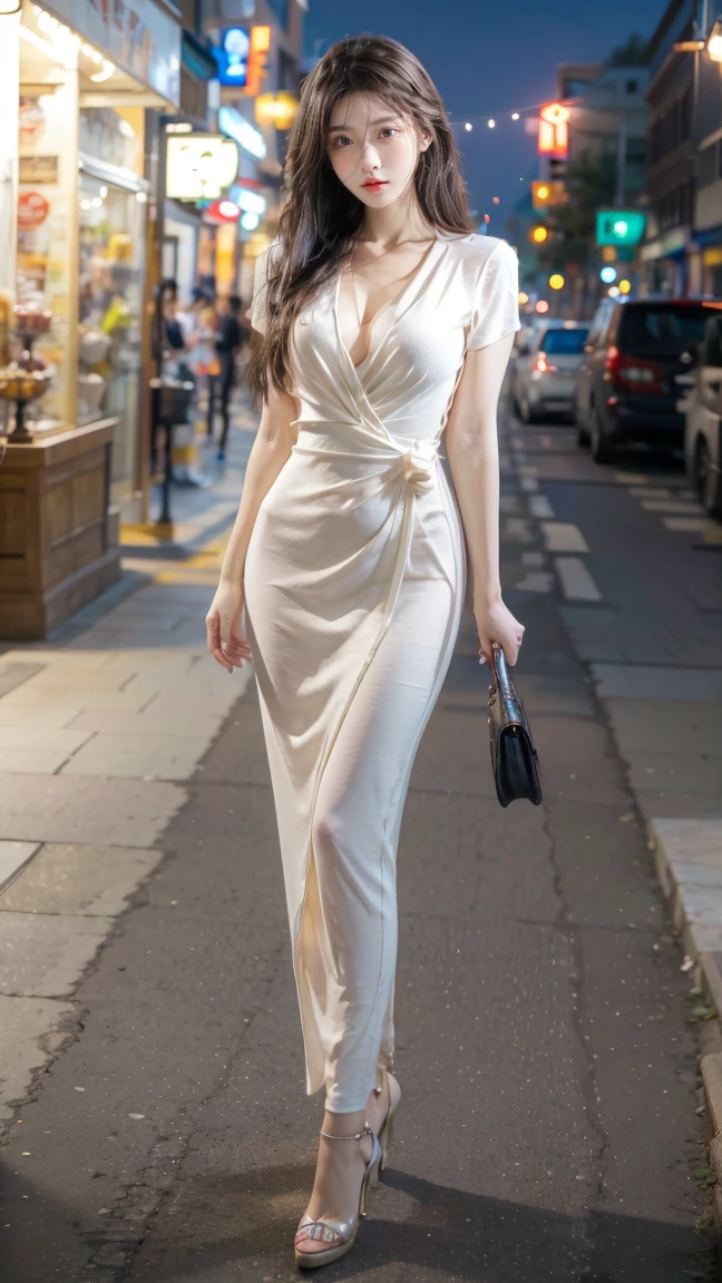 perfect figure,(full body lesbian:1.3),best quality,8k, masterpiece, ultra high resolution, (lifelike:1.4), original photo, 1 woman,35 years old,Smooth and fair skin,detailed skin, big eyes, Detailed eyes and face,(huge breasts:1.4,huge cleavage:1.4),Two long legs exposed:1.5,(((See through Clothing:1.1,Hollow material clothes))),yellow,((Single Bare Shoulder belted robe wide open )),no underwear:1.5,(alley:1.5),smile,in the night
