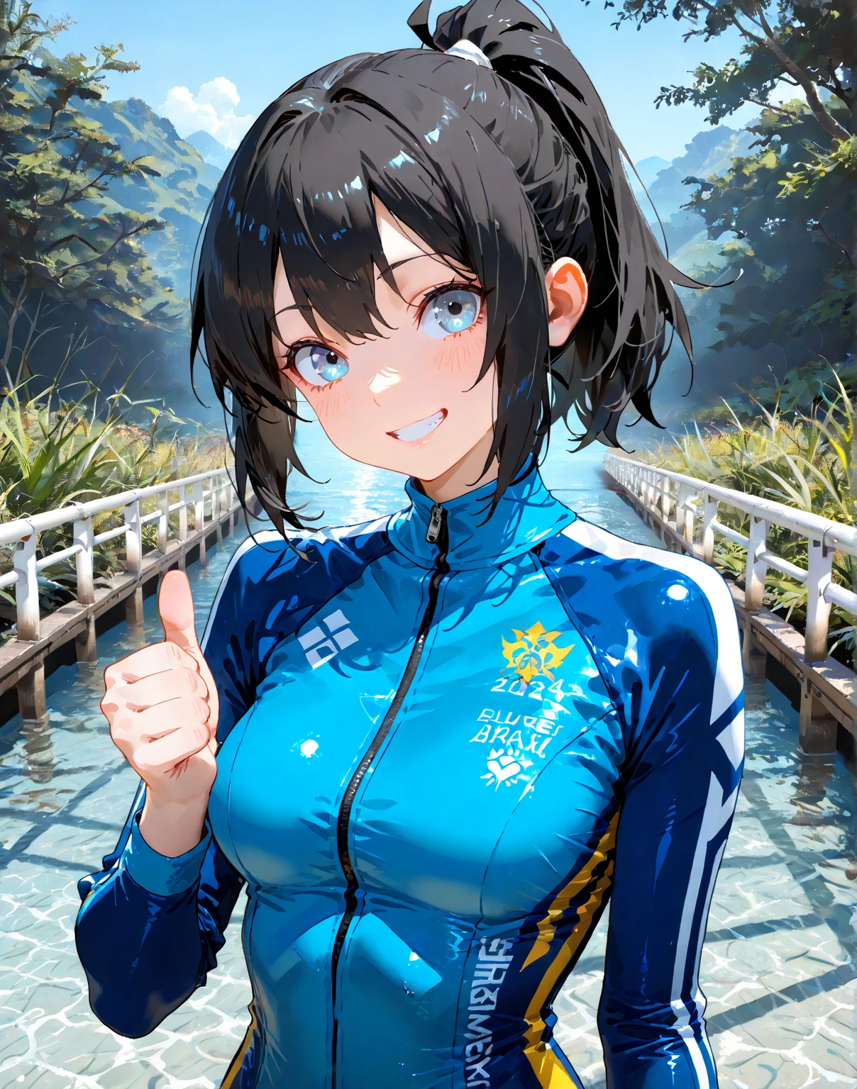 masterpiece、highest quality、High resolution、Two realistic girls、Competitive swimmer、Close-up of a person、Wearing a blue bodysuit、During Competitive swimmerics competitions、smile、Swimming Venues、sexy competition swimwear