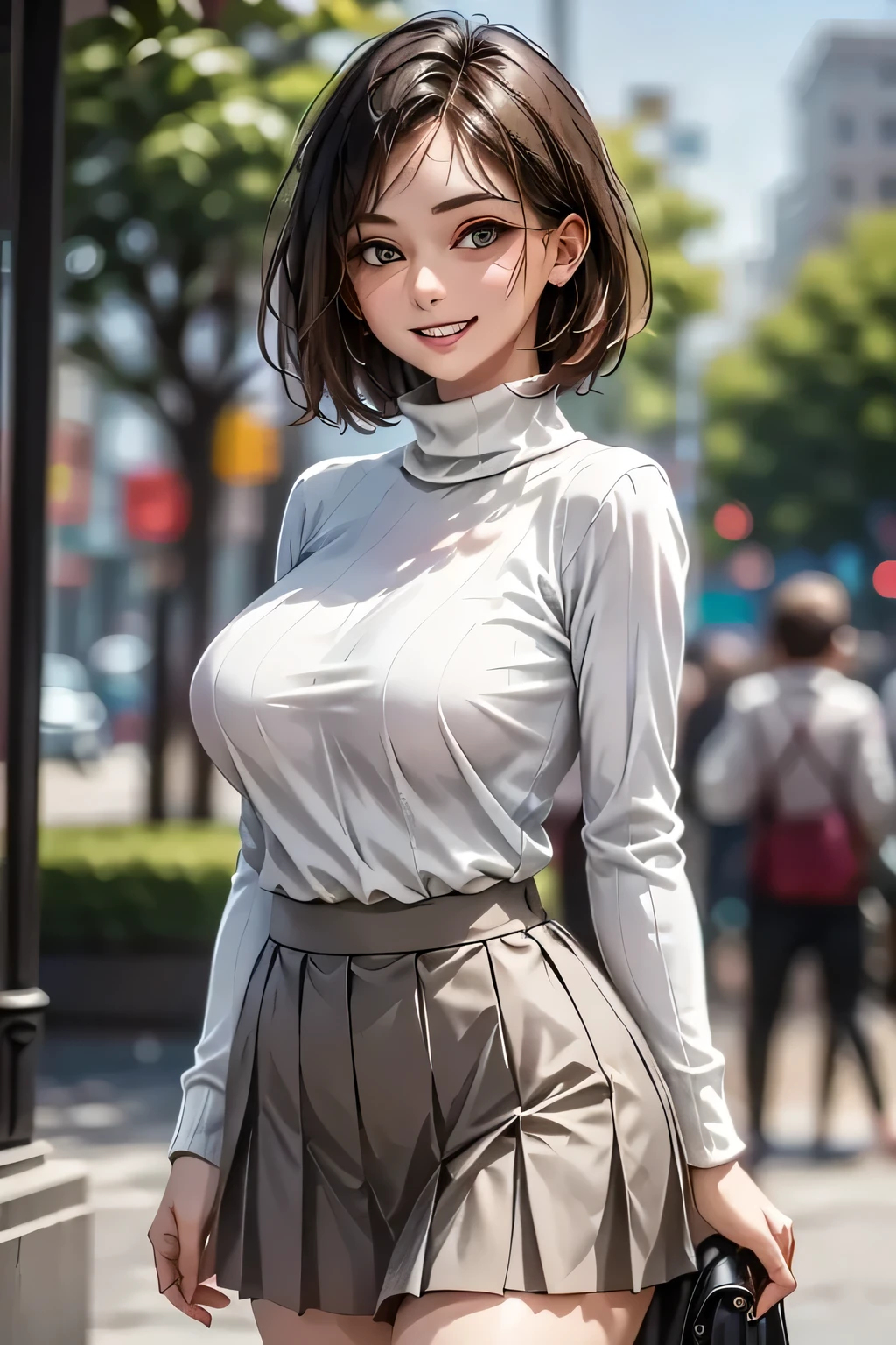 ((1. Ultimate beautiful woman)), mature, beautiful face, brown eyes , exhaustive lips , under a blue sky , Double Eye Lid, long lashes, ((Big Breasts)), grin, enchanting gaze , bob hair , (pink turtleneck sweater, light brown short pleated skirt), thighs, exhaustive, (background: There are many trees in the park々There is), Accessory, ((cowboy shot )), ( depth of writing ), ((masterpiece)), (( Top Quality)), realistic , 16K HD, not exhaustive, realistic lighting