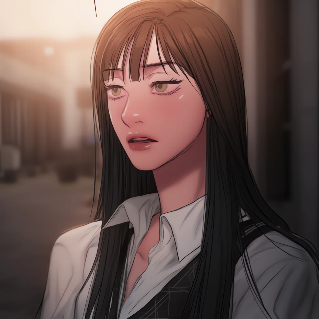 8k, RAW Photo, Quality: 1.25), (Lip Gloss, Eyelashes, Glossy Face, light Skin, Best Quality, Ultra High Resolution, Depth of Field, Chromatic Aberration, Caustics, Moisturized Lips, Ultra-Trimmed Face, Radiant Detailed Eyes,1woman,light_skinned,white_blouse_with_black_vest,looking up,sitting_on_bricky_path_ground,mad_serious_face,brown haired,long_hair,Bangs,mature,slim_waist,light_skinned_female,light skin color, sitting, wearing_skirt,very_straight_haired_green_eyes, mad_serious_face,looking_up_at_view_frustrated,very_straight_hair, grit_teeth,long_browned_hair