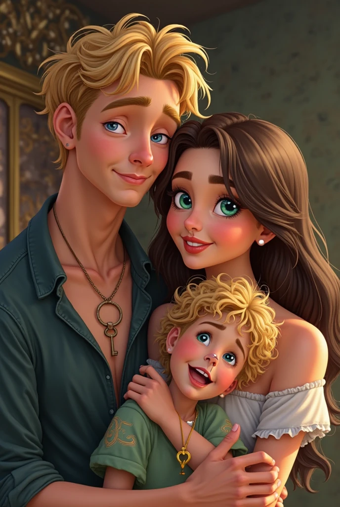 Blonde child  blue eyes together with his father dark brown hair and brown eyes and his mother blonde green eyes long hair in Monaco 8k ultrarealistic photorealistic 