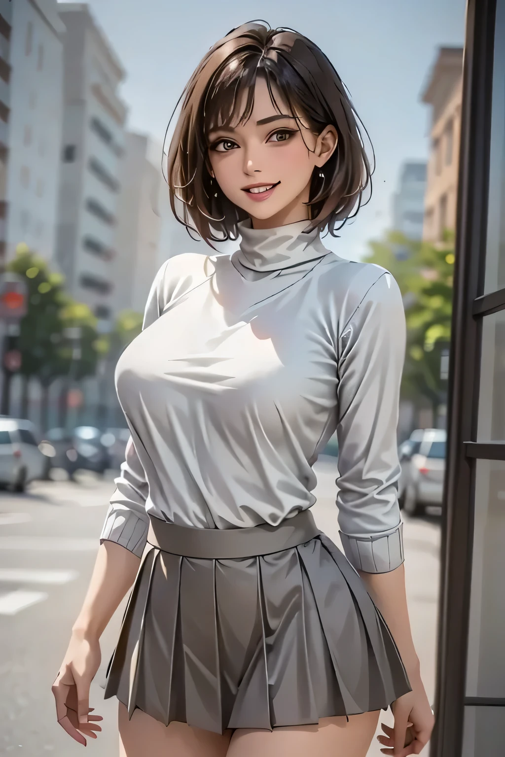((1. Ultimate beautiful woman)), mature, beautiful face, brown eyes , exhaustive lips , under a blue sky , Double Eye Lid, long lashes, ((Big Breasts)), grin, enchanting gaze , bob hair , (pink turtleneck sweater, light brown short pleated skirt), thighs, exhaustive, (background: There are many trees in the park々There is), Accessory, ((cowboy shot )), ( depth of writing ), ((masterpiece)), (( Top Quality)), realistic , 16K HD, not exhaustive, realistic lighting