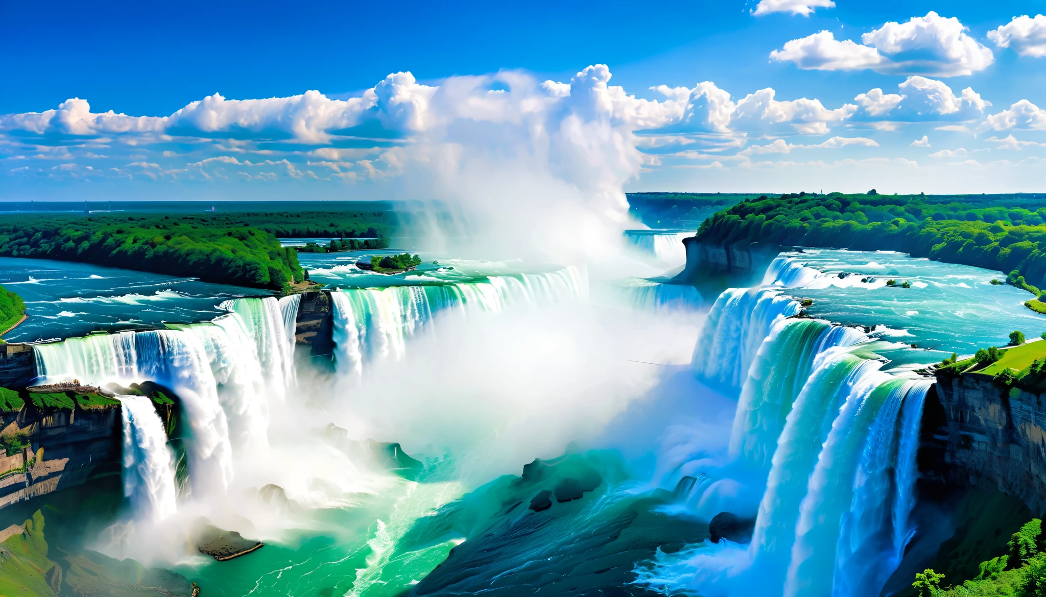 (Best Quality),(masterpiece:1.2),(very well detailed:1.2), super high definition ,RAW color photos,8k, Expansive Landscape Photos ,Spectacular landscapes,realistic pictures,Detailed photos,written,sharp concentration, in the cloud,(Niagara Falls is two-tiered),Asahi, beautiful color,written,Wide Light,Low Contrast,backlight,sharp concentration,Vivid Colors,Aerial view,