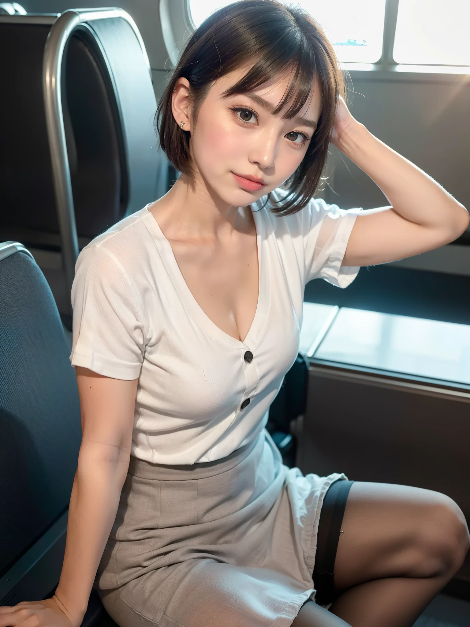 The beauty of 8K raw photos:2.0, Japanese woman, short hair, beautiful face and dark eyes, looking down, looking at the viewer:1.5, big smile, wet hair, tiny top, put hands on the hip, (tank top, pink skirt:1.2), shinny skin, realistic:1.9, very detailed, full body shot:1.2, High resolution RAW color photos, professional photos, Taken at in the bus, girl sexy portrait