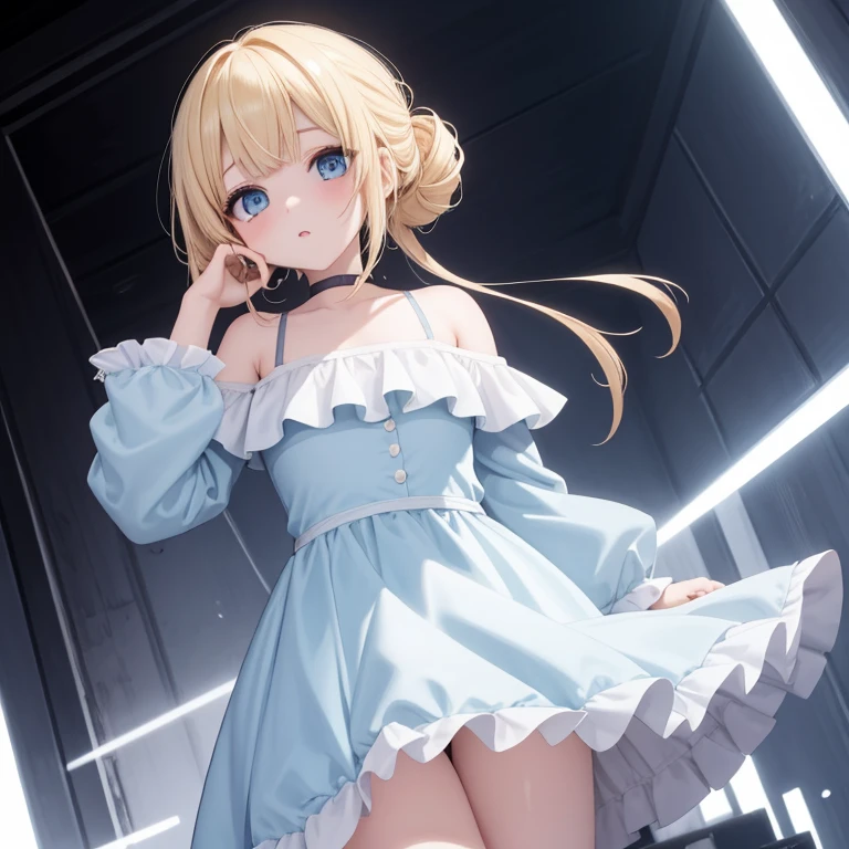 cute Japanese girl in a Maxi Dress: Floor-length dress that can be fitted or flowy, perfect for casual or formal occasions. Dress Pixie Cut: Short and edgy. . hair style, blond hairs hairs,, blue dress, gaming , smiling face, short dress full straight standing pose, student, , Full body, modern girl, games girl, Simple white background,,, design sheet, HD, full body, standing, modern futuristic dress, front view